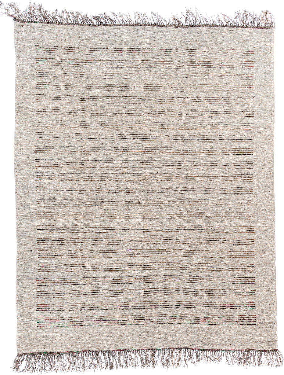 9' x 11' one-of-a-kind handmade vintage Kilim large size rug. Color palette: ivory, taupe, brown, camel, beige, gray
