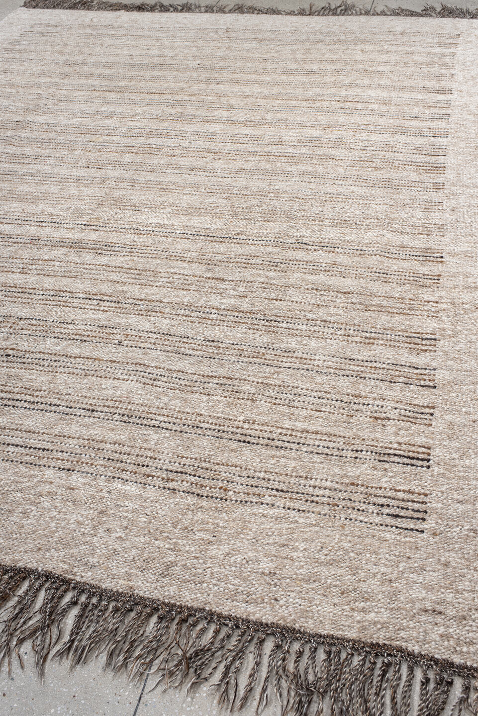 9' x 11' one-of-a-kind handmade vintage Kilim large size rug. Color palette: ivory, taupe, brown, camel, beige, gray