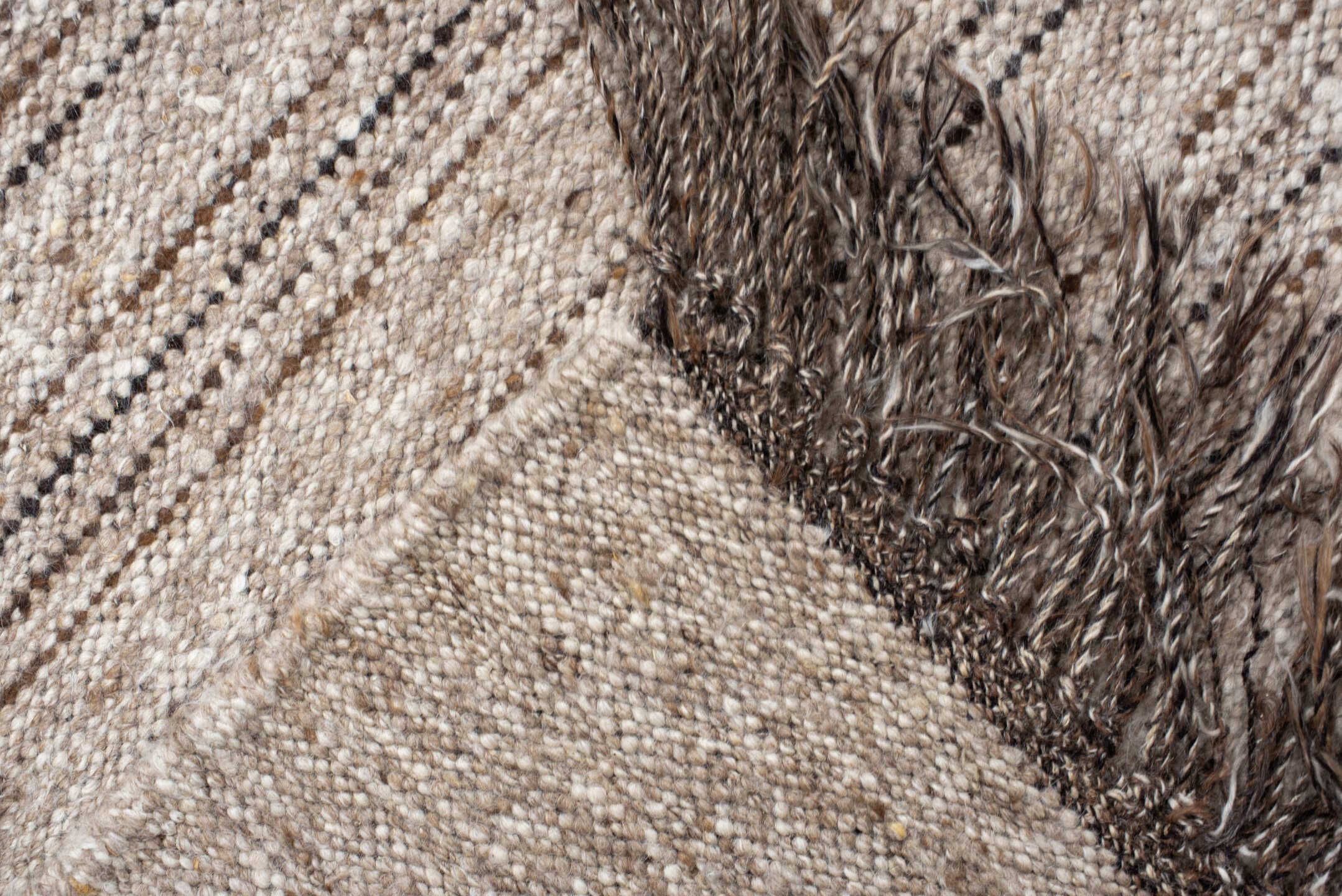 9' x 11' one-of-a-kind handmade vintage Kilim large size rug. Color palette: ivory, taupe, brown, camel, beige, gray