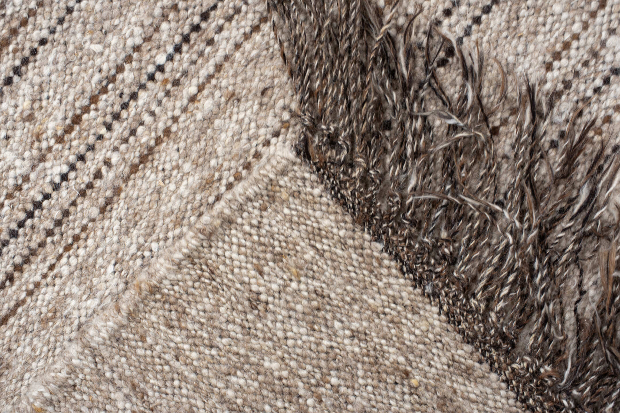 9' x 11' one-of-a-kind handmade vintage Kilim large size rug. Color palette: ivory, taupe, brown, camel, beige, gray