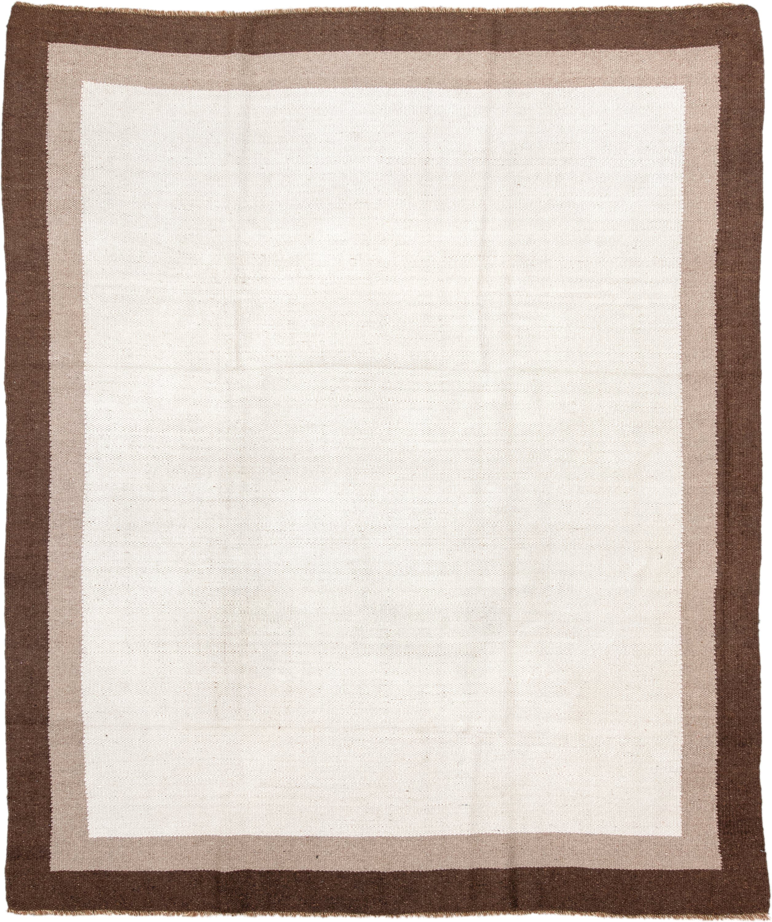 8' x 9' one-of-a-kind handmade vintage Kilim rug. Color palette: ivory, brown, taupe, cream, beige, gray