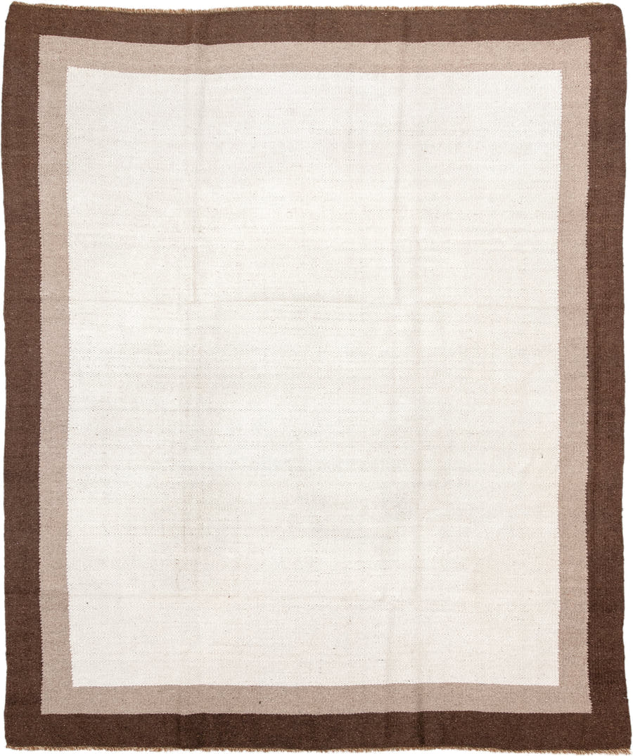 8' x 9' one-of-a-kind handmade vintage Kilim rug. Color palette: ivory, brown, taupe, cream, beige, gray