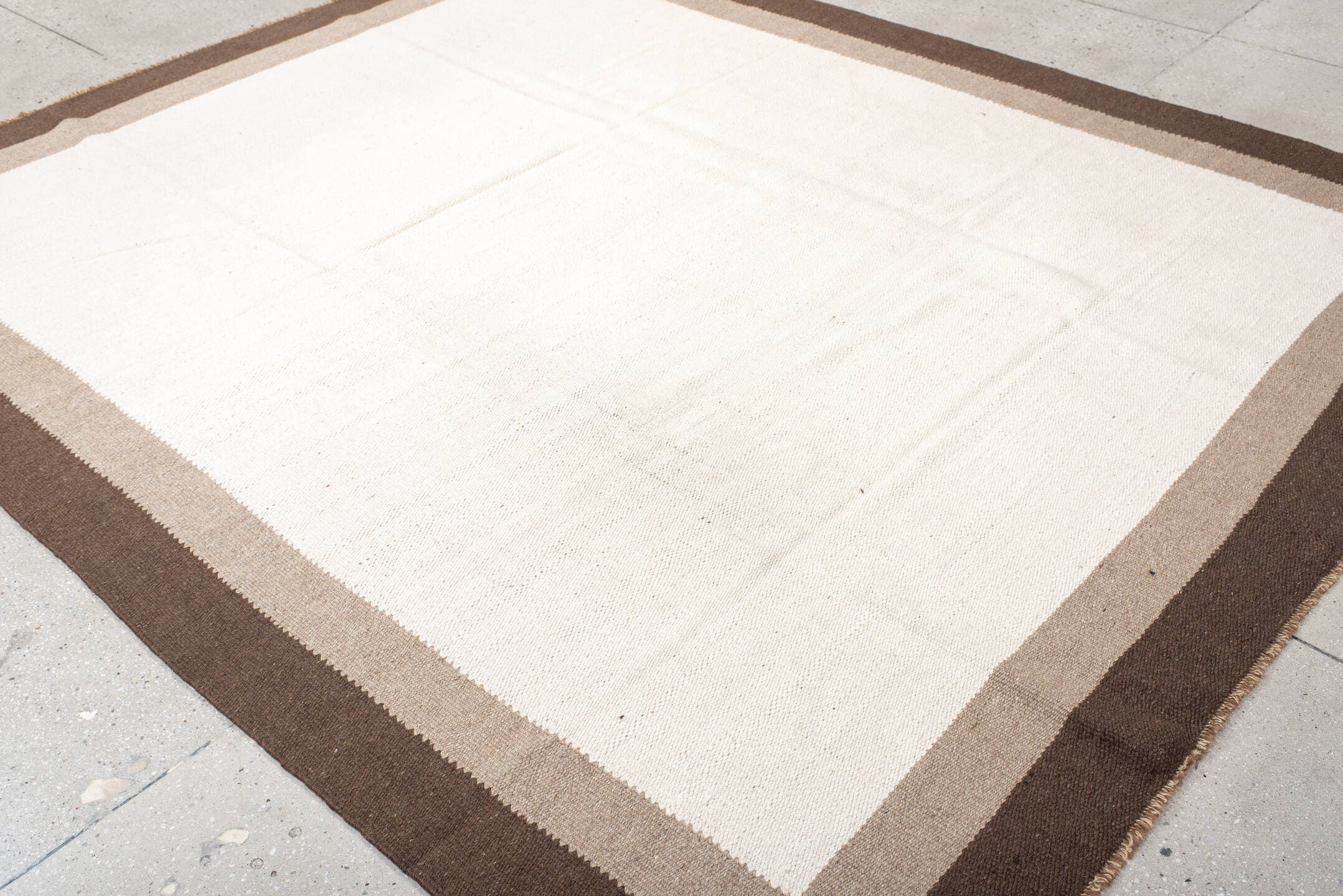 8' x 9' one-of-a-kind handmade vintage Kilim rug. Color palette: ivory, brown, taupe, cream, beige, gray