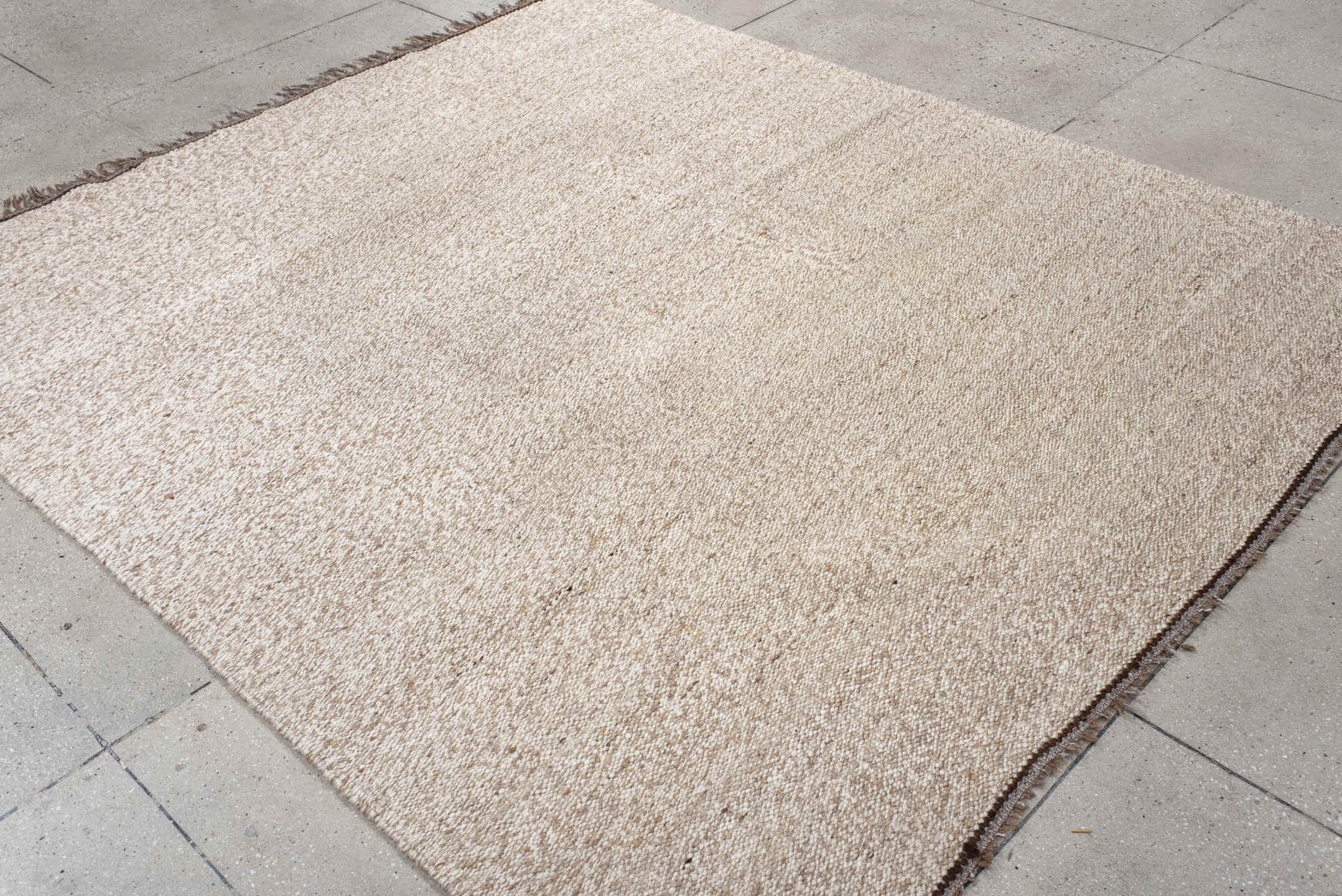 7' x 8' one-of-a-kind handmade vintage Kilim rug. Color palette: ivory, beige, taupe, brown, gray