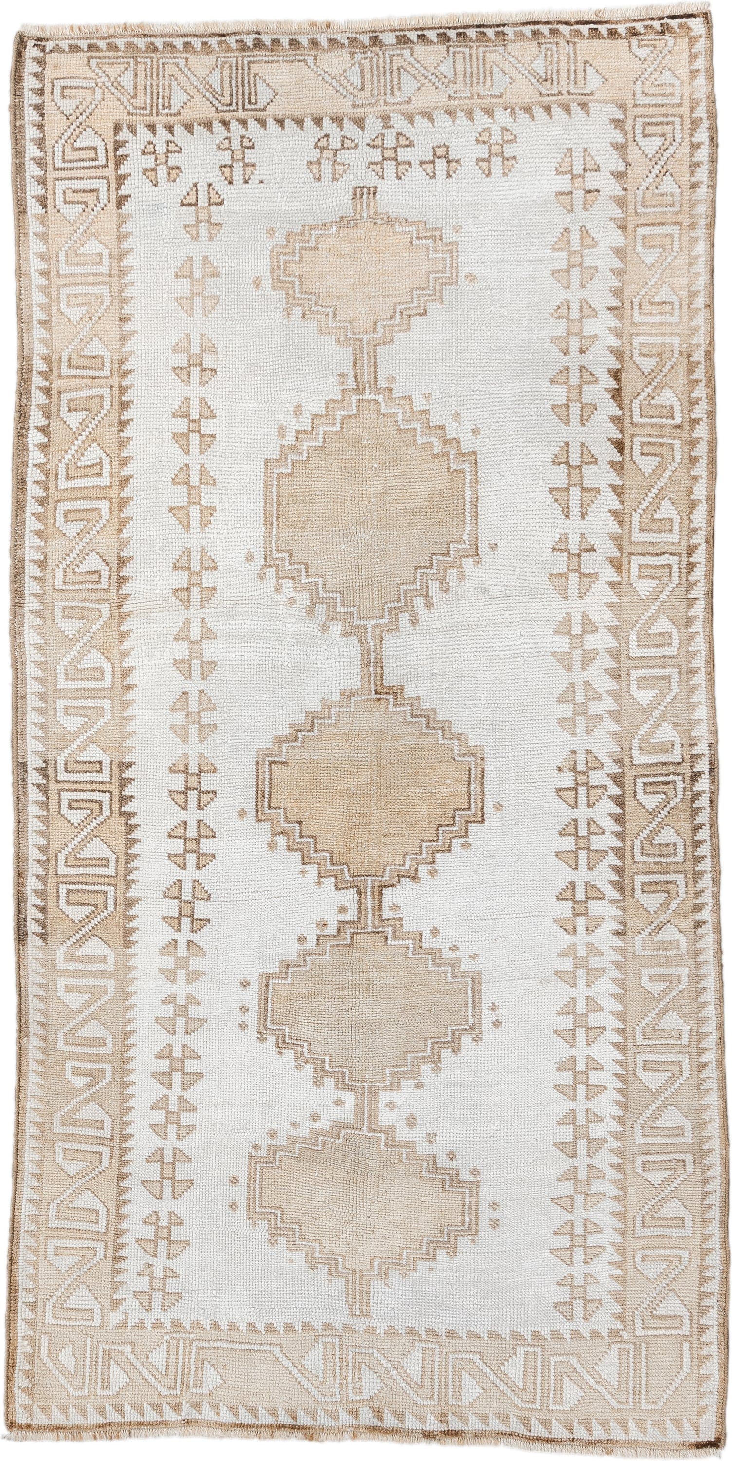 3' x 6' one-of-a-kind handmade vintage Gabbe small size rug. Color palette: ivory, beige, taupe, cream, gray