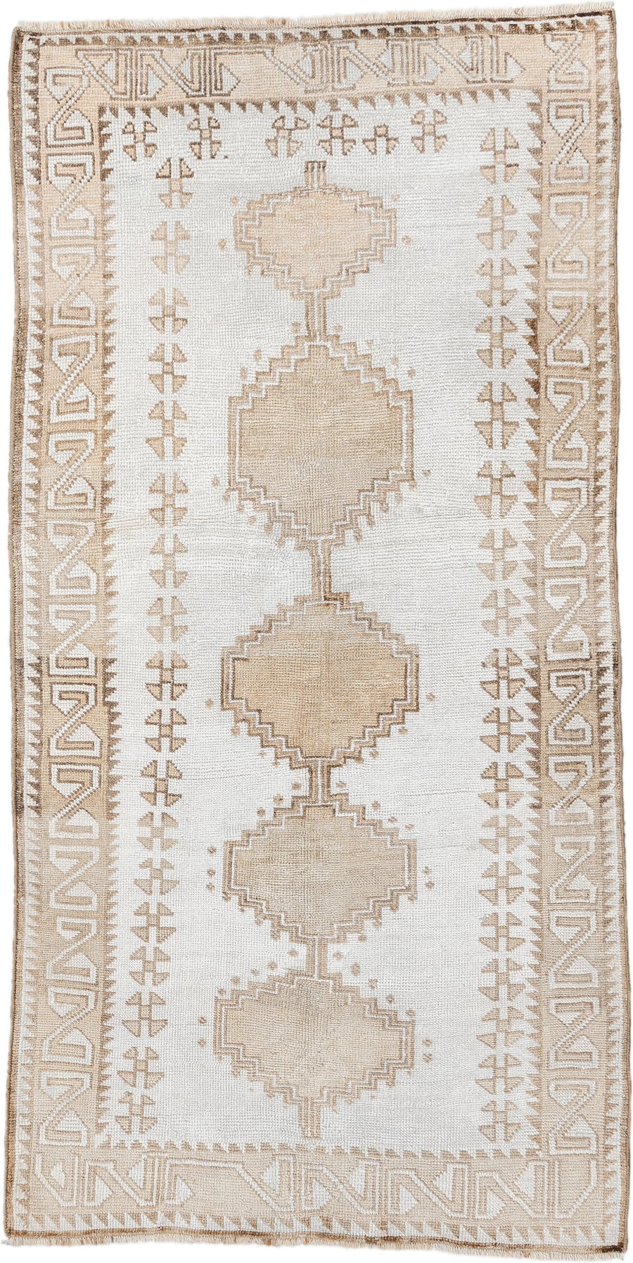 3' x 6' one-of-a-kind handmade vintage Gabbe small size rug. Color palette: ivory, beige, taupe, cream, gray