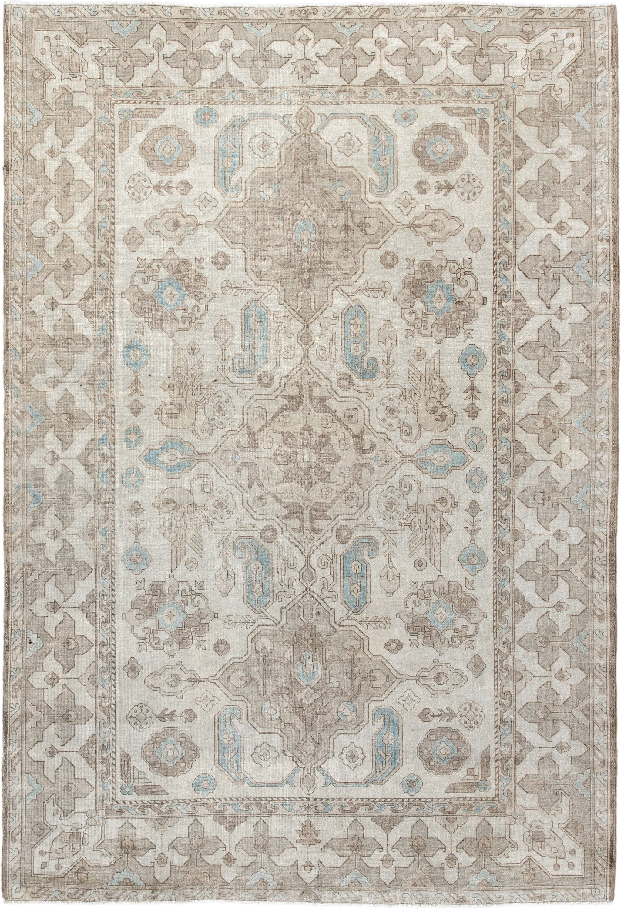 6' x 9' one-of-a-kind handmade antique Sivas medium size rug. Color palette: ivory, taupe, light blue, beige, cream, gray