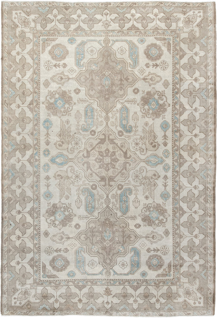 6' x 9' one-of-a-kind handmade antique Sivas medium size rug. Color palette: ivory, taupe, light blue, beige, cream, gray