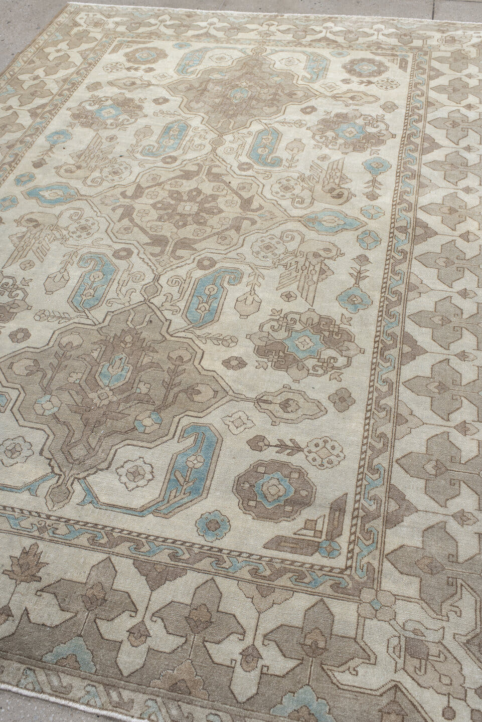 6' x 9' one-of-a-kind handmade antique Sivas medium size rug. Color palette: ivory, taupe, light blue, beige, cream, gray