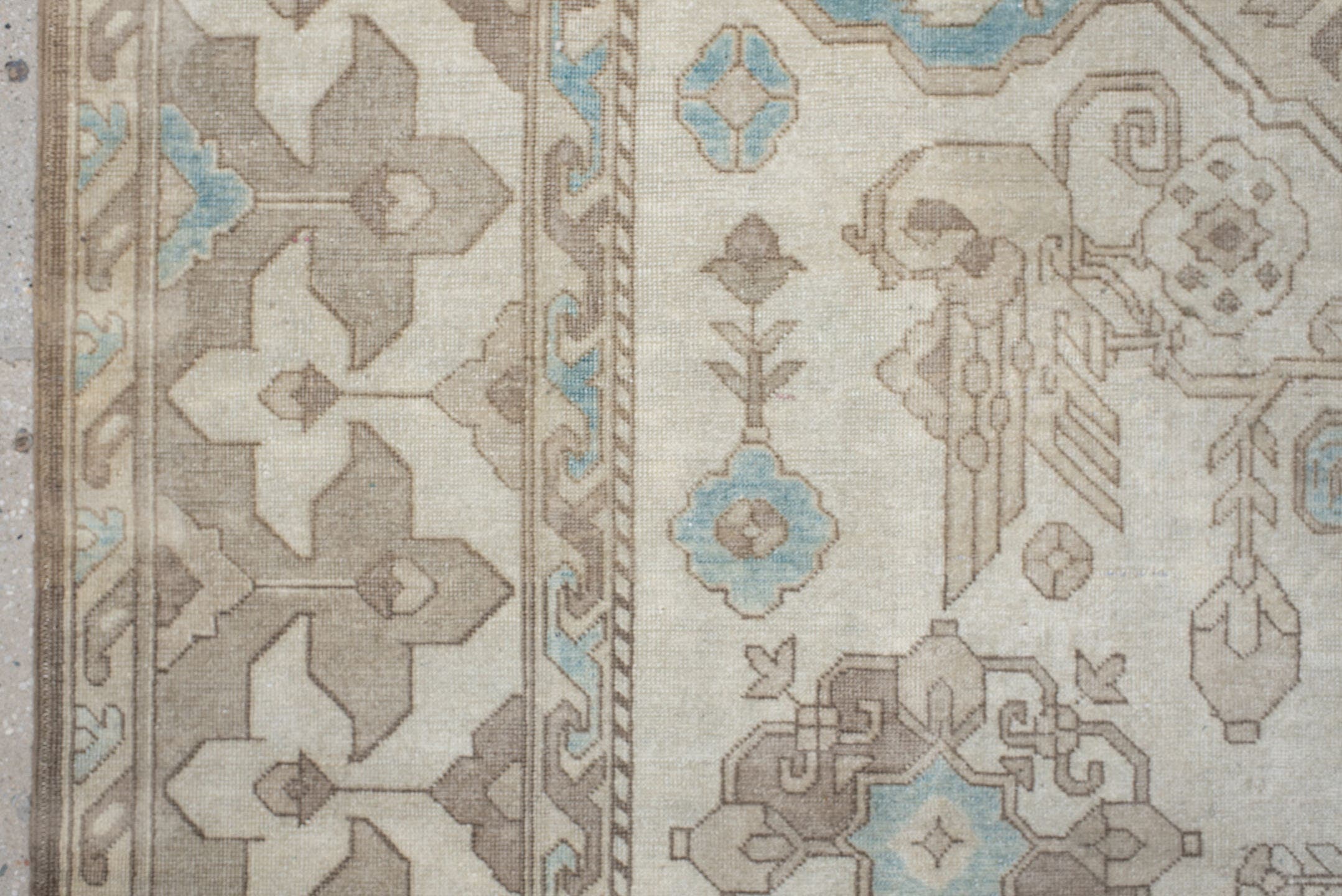 6' x 9' one-of-a-kind handmade antique Sivas medium size rug. Color palette: ivory, taupe, light blue, beige, cream, gray