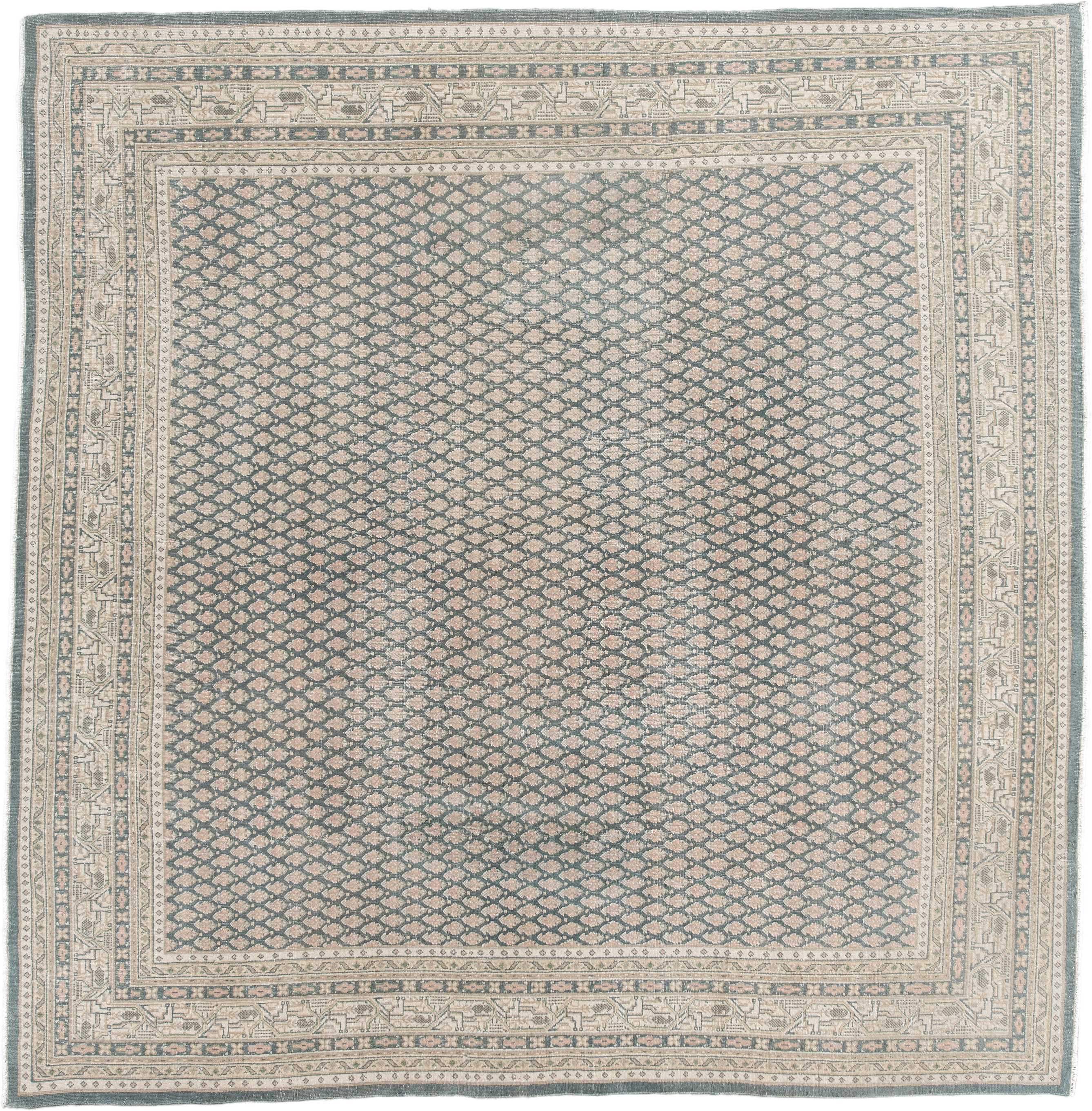6' x 6' one-of-a-kind handmade vintage Mir rug. Color palette: ivory, blue, taupe, beige, sage, gray, green
