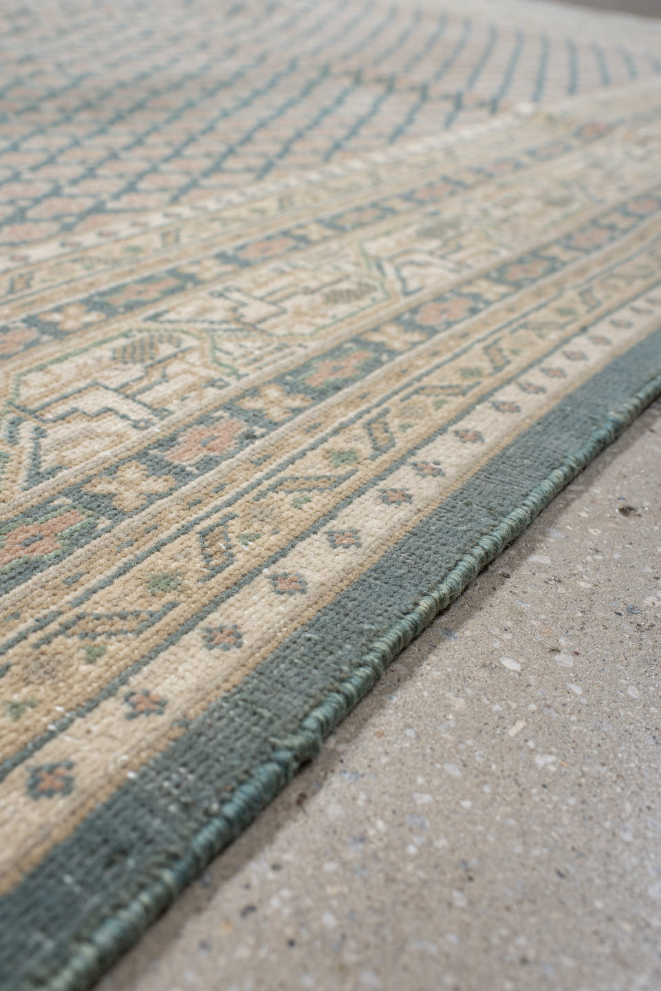 6' x 6' one-of-a-kind handmade vintage Mir rug. Color palette: ivory, blue, taupe, beige, sage, gray, green