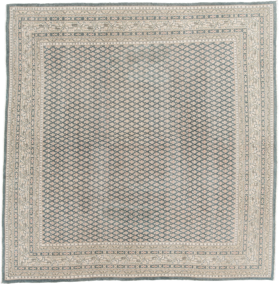 6' x 6' one-of-a-kind handmade vintage Mir rug. Color palette: ivory, blue, taupe, beige, sage, gray, green