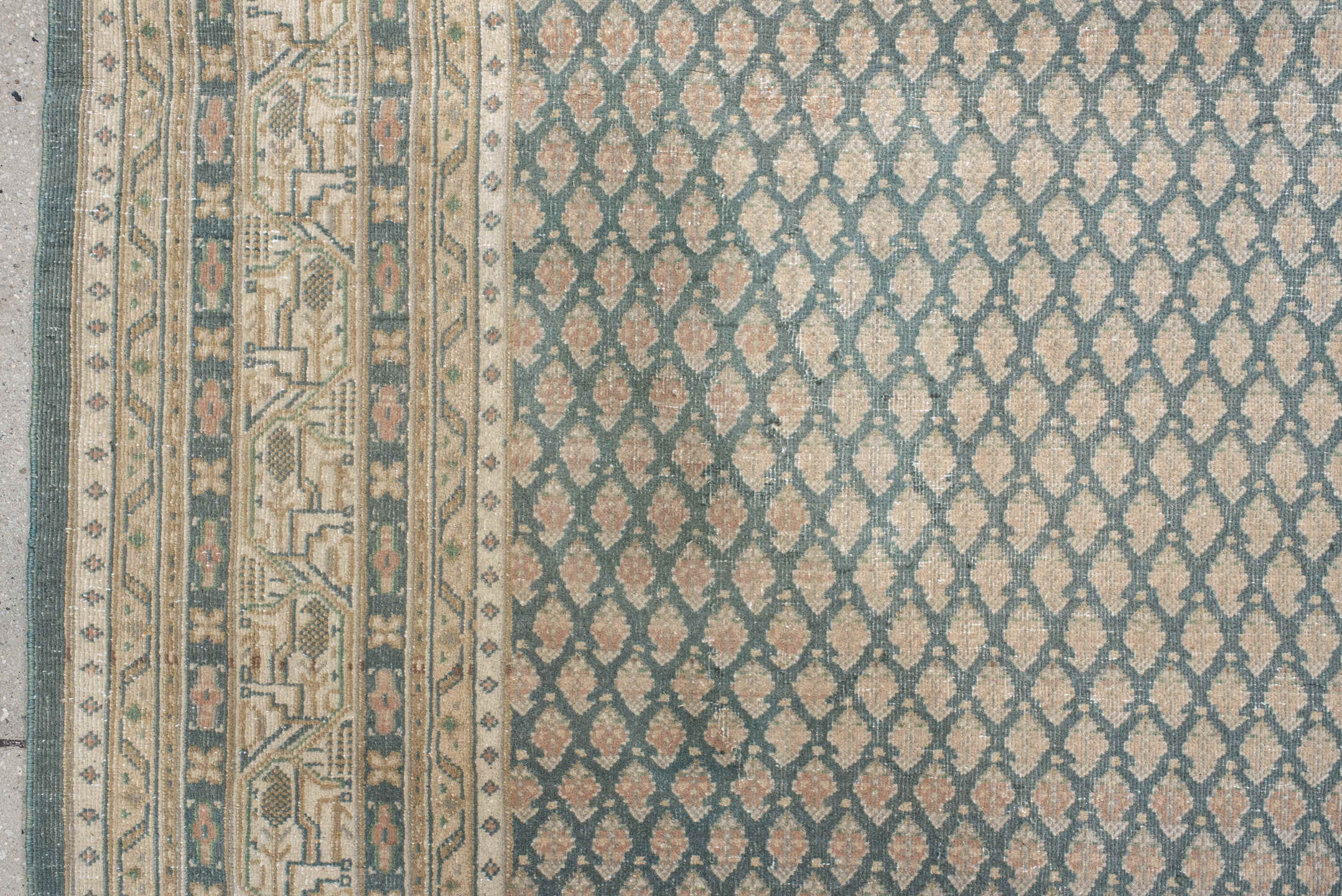 6' x 6' one-of-a-kind handmade vintage Mir rug. Color palette: ivory, blue, taupe, beige, sage, gray, green