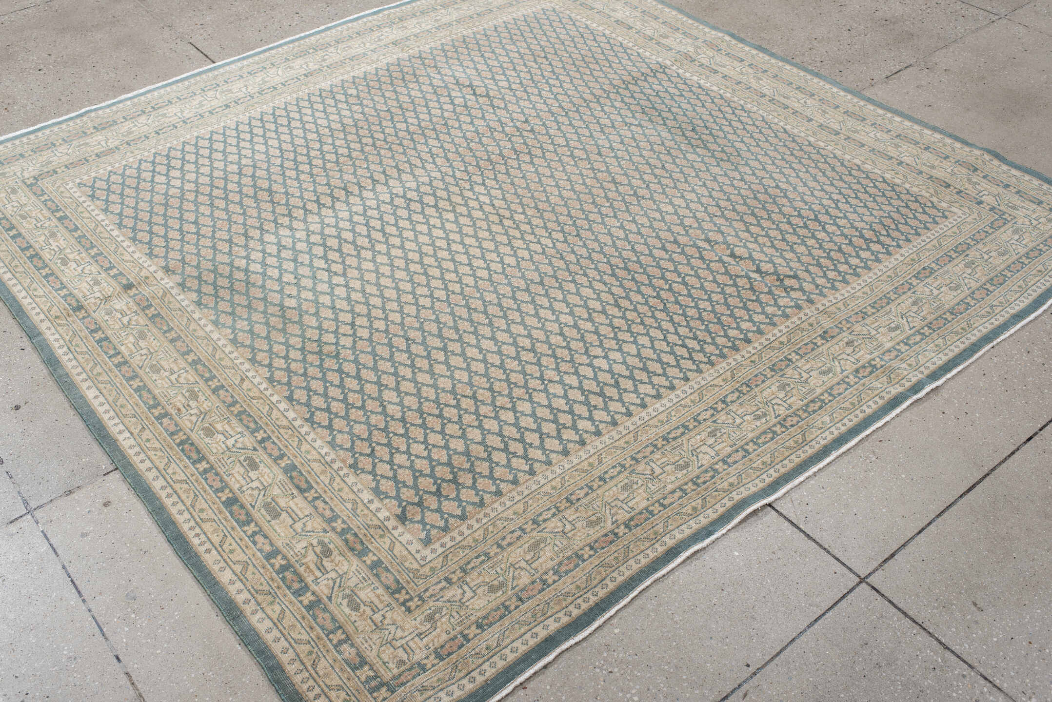 6' x 6' one-of-a-kind handmade vintage Mir rug. Color palette: ivory, blue, taupe, beige, sage, gray, green