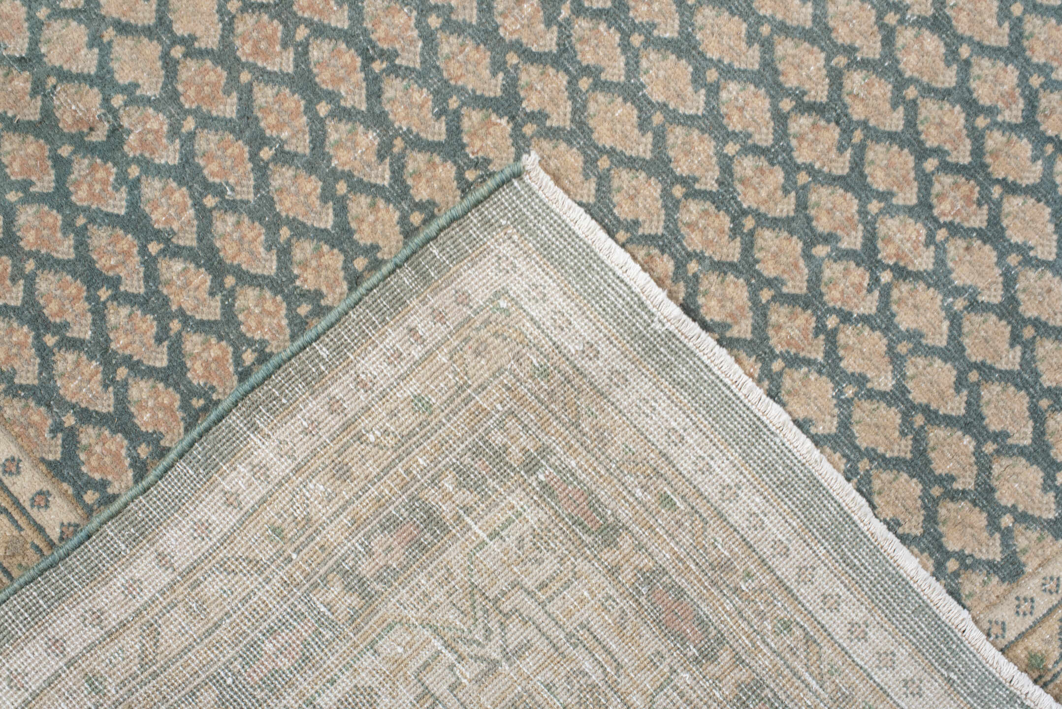 6' x 6' one-of-a-kind handmade vintage Mir rug. Color palette: ivory, blue, taupe, beige, sage, gray, green
