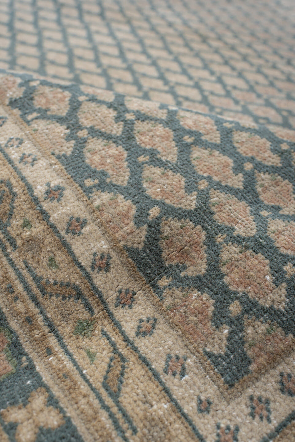 6' x 6' one-of-a-kind handmade vintage Mir rug. Color palette: ivory, blue, taupe, beige, sage, gray, green
