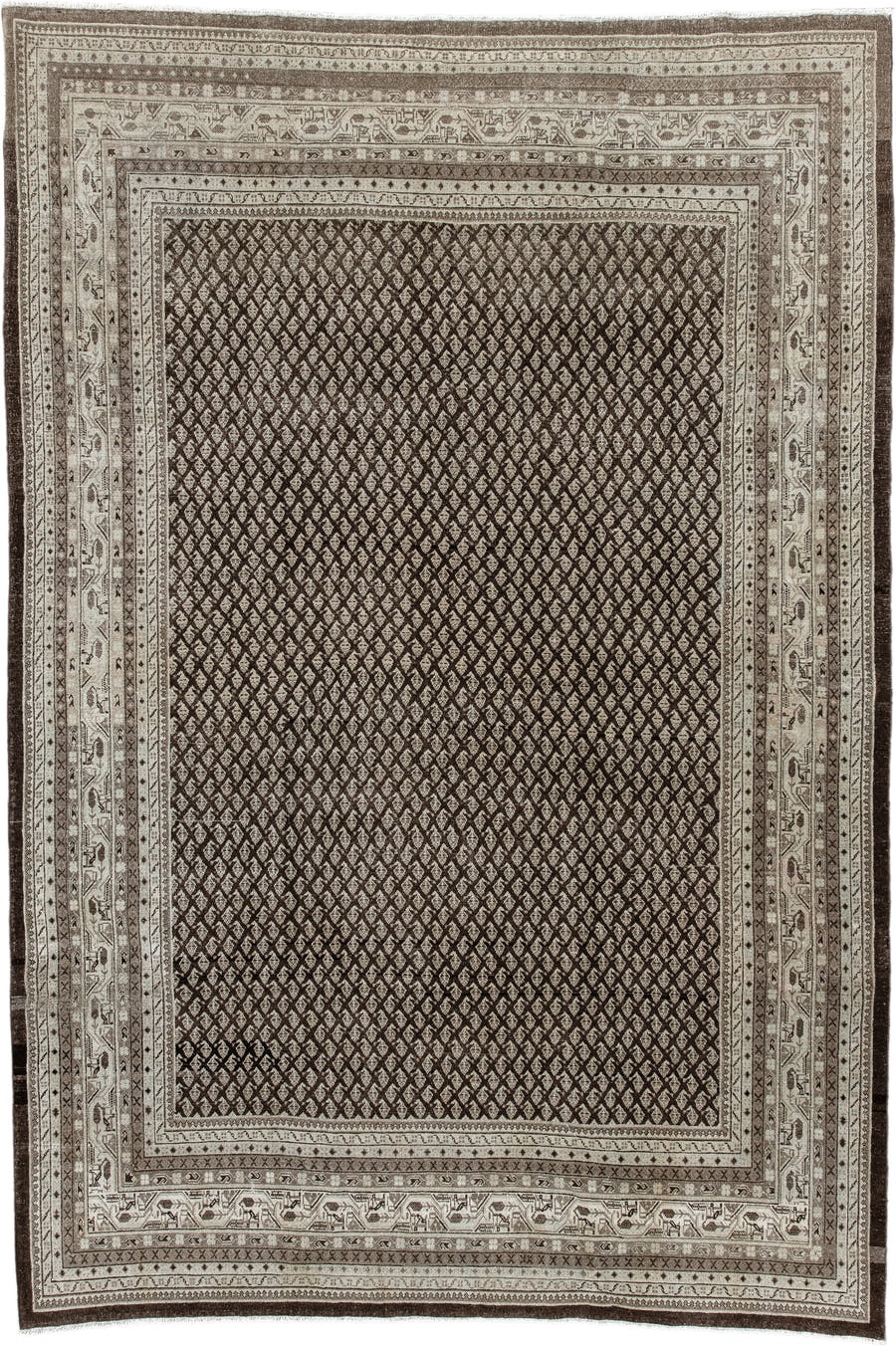 7' x 10' one-of-a-kind handmade antique Mir large size rug. Color palette: ivory, brown, taupe, charcoal, camel, beige, gray