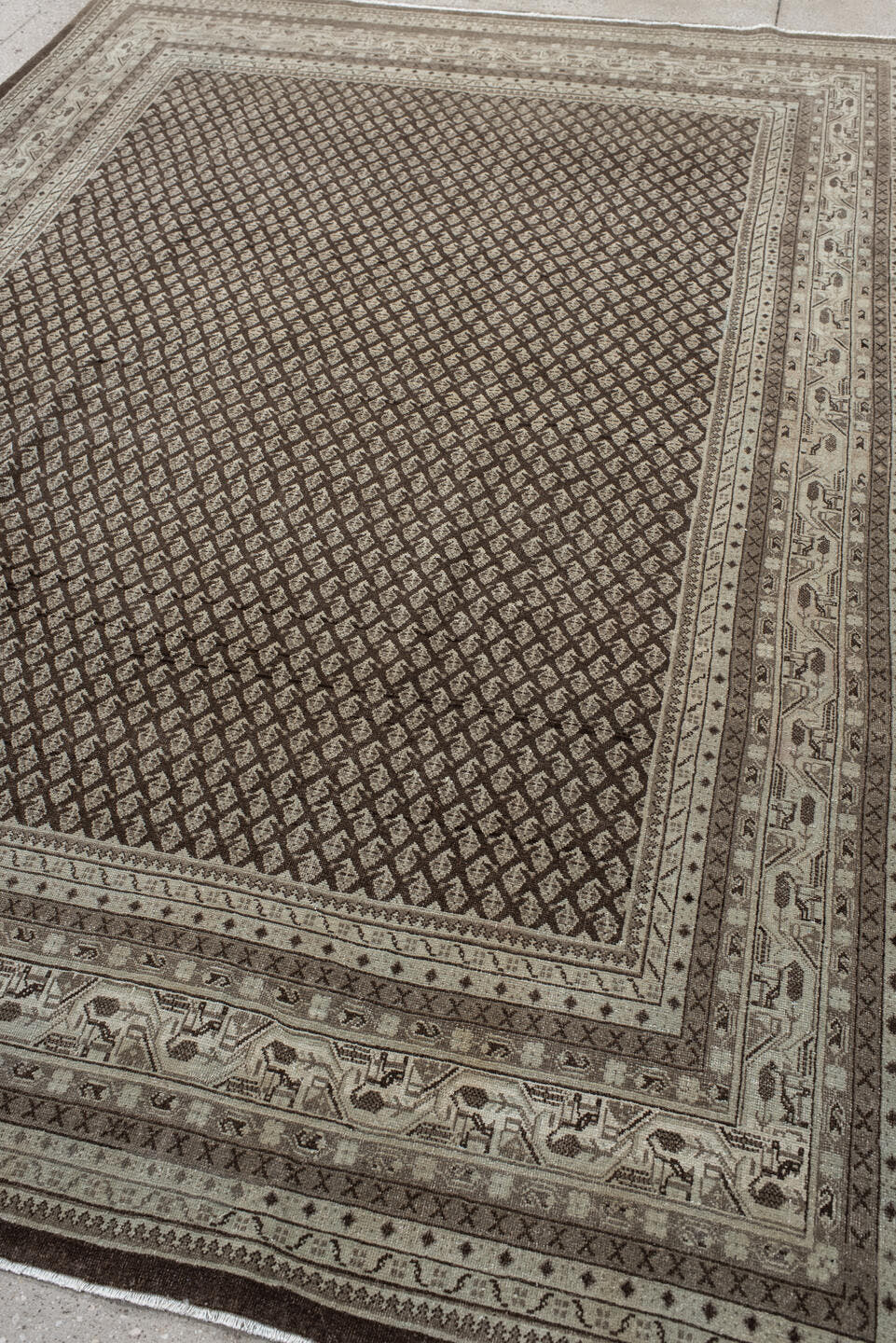 7' x 10' one-of-a-kind handmade antique Mir large size rug. Color palette: ivory, brown, taupe, charcoal, camel, beige, gray