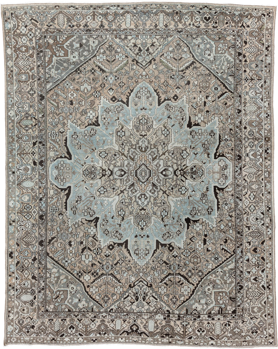 9' x 12' one-of-a-kind handmade antique Baktiary large size rug. Color palette: taupe, pale blue, ivory, charcoal, beige