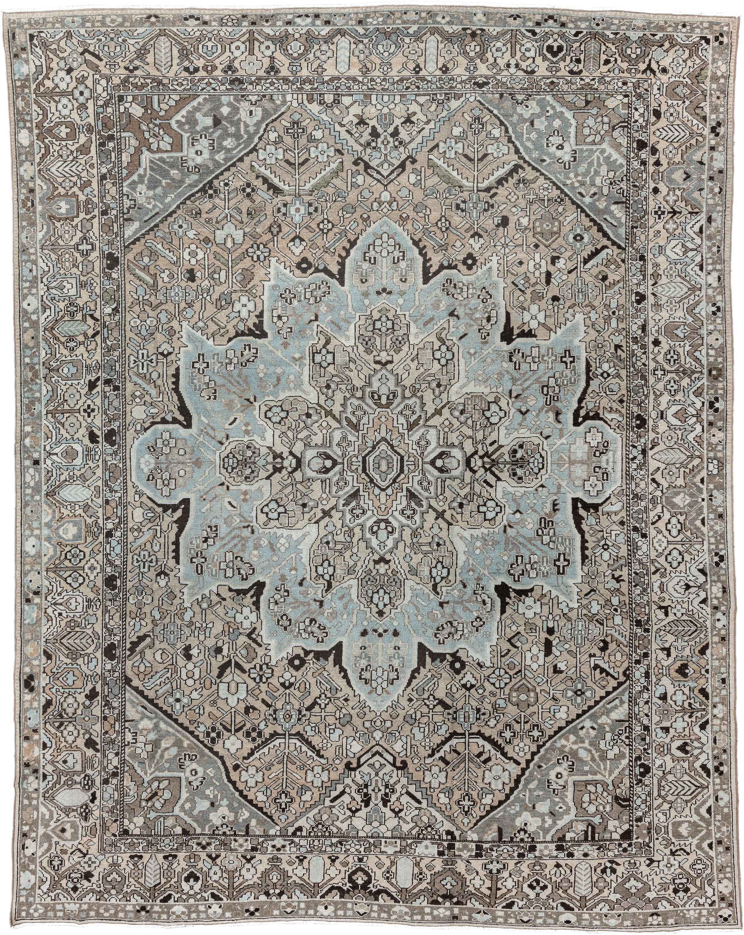 9' x 12' one-of-a-kind handmade antique Baktiary large size rug. Color palette: taupe, pale blue, ivory, charcoal, beige