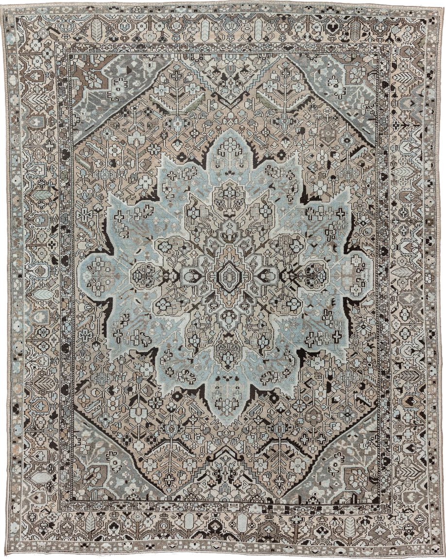 9' x 12' one-of-a-kind handmade vintage Baktiary large size rug. Color palette: black, brown, dark gray, dim gray, gainsboro