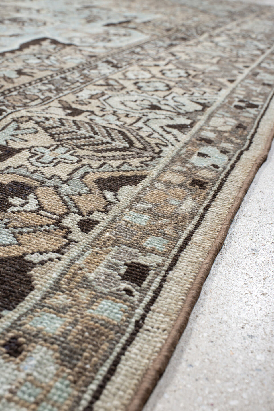 9' x 12' one-of-a-kind handmade antique Baktiary large size rug. Color palette: taupe, pale blue, ivory, charcoal, beige