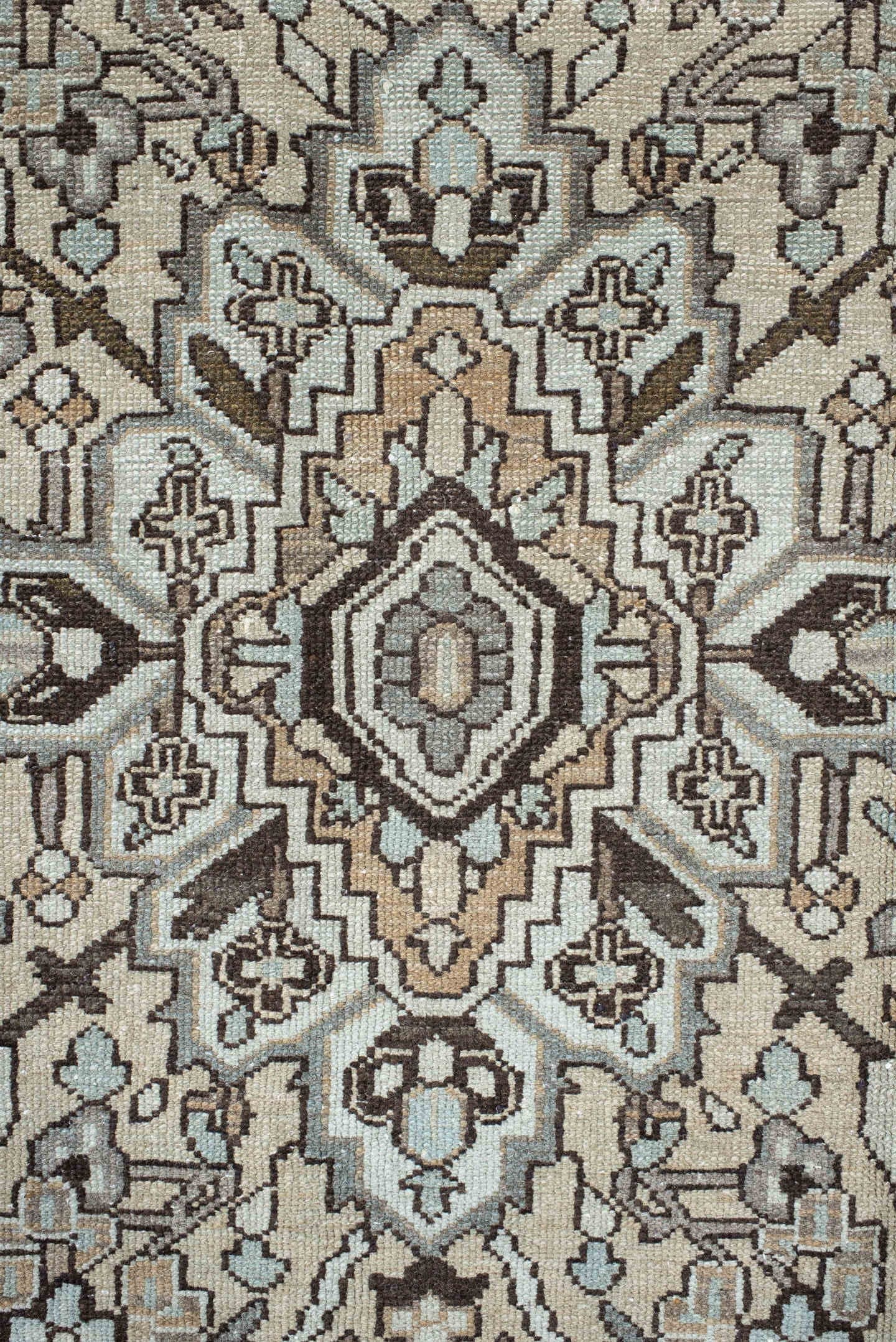 9' x 12' one-of-a-kind handmade antique Baktiary large size rug. Color palette: taupe, pale blue, ivory, charcoal, beige