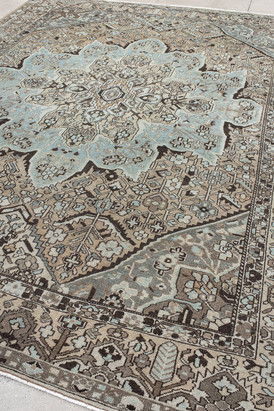 9' x 12' one-of-a-kind handmade antique Baktiary large size rug. Color palette: taupe, pale blue, ivory, charcoal, beige