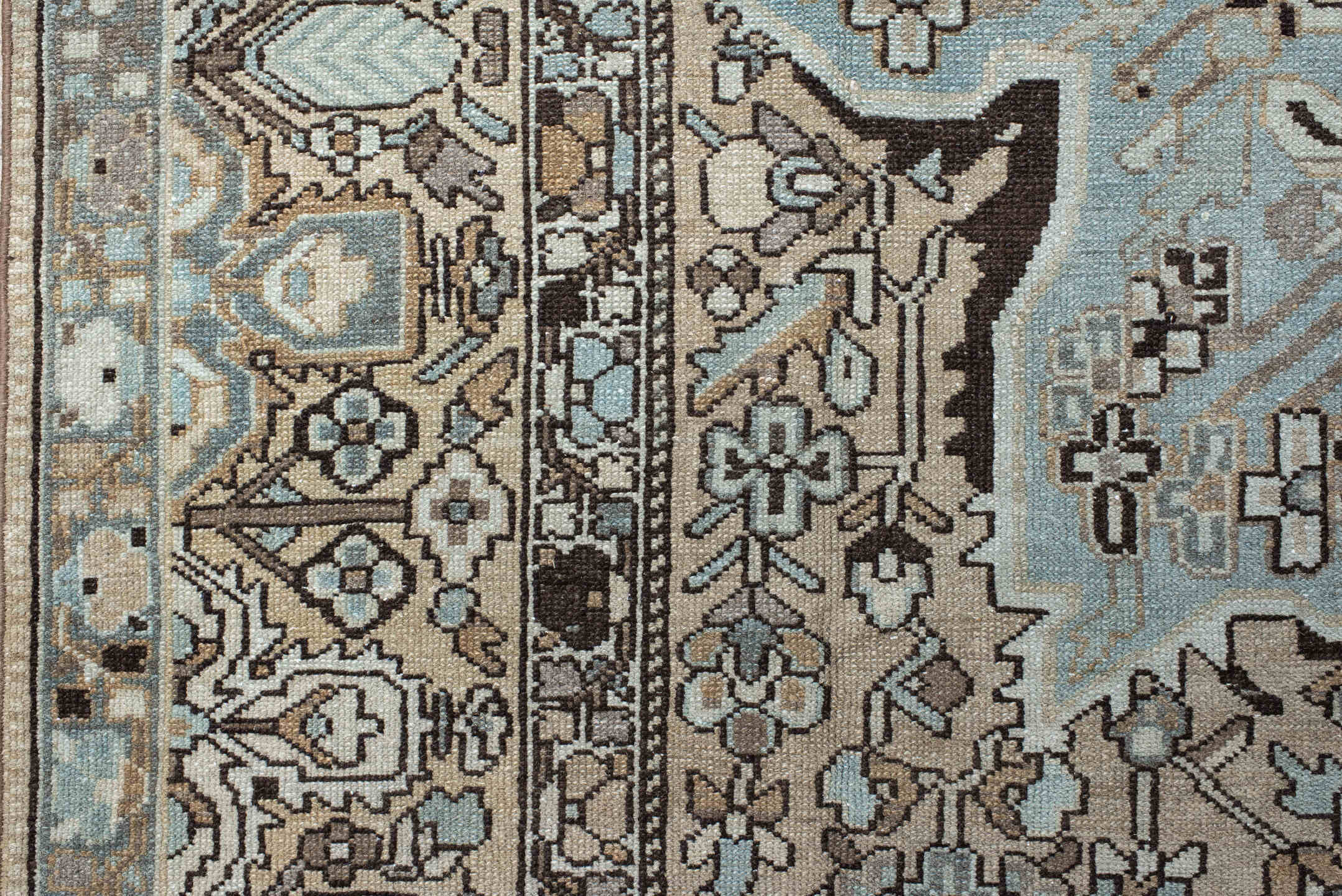 9' x 12' one-of-a-kind handmade antique Baktiary large size rug. Color palette: taupe, pale blue, ivory, charcoal, beige
