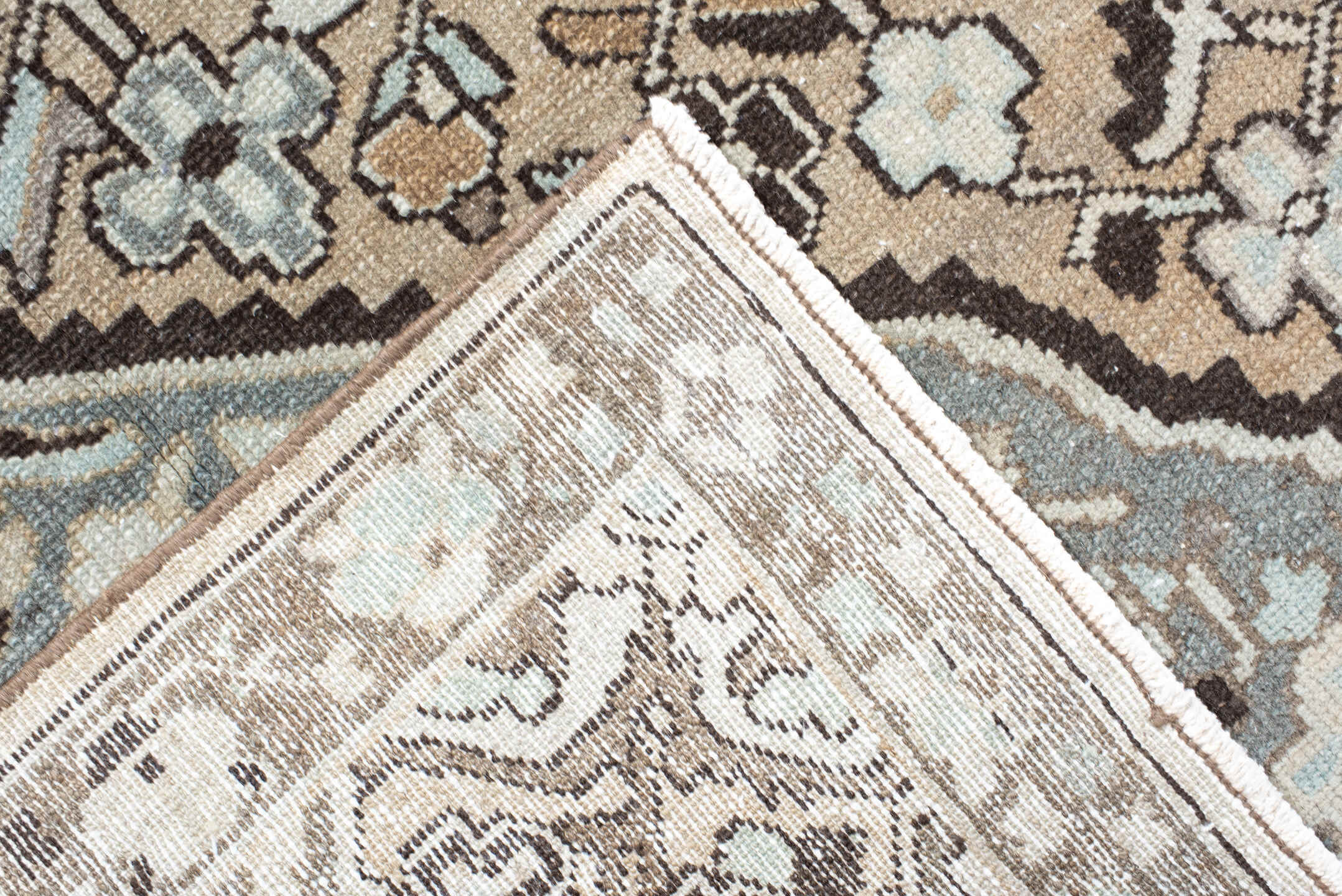 9' x 12' one-of-a-kind handmade antique Baktiary large size rug. Color palette: taupe, pale blue, ivory, charcoal, beige