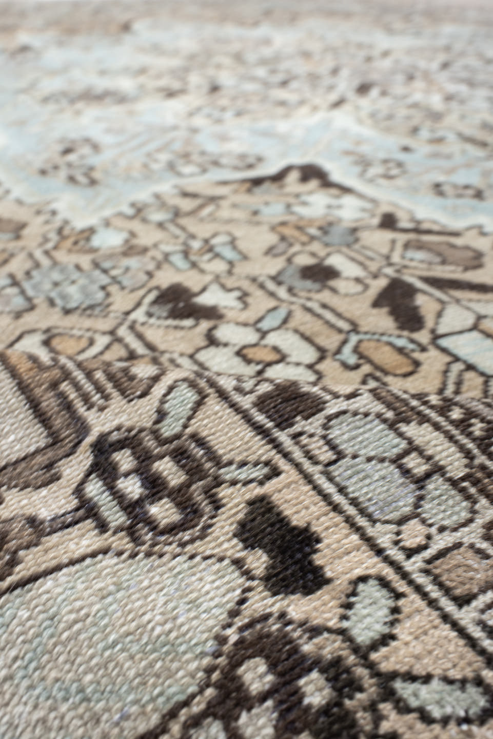 9' x 12' one-of-a-kind handmade antique Baktiary large size rug. Color palette: taupe, pale blue, ivory, charcoal, beige