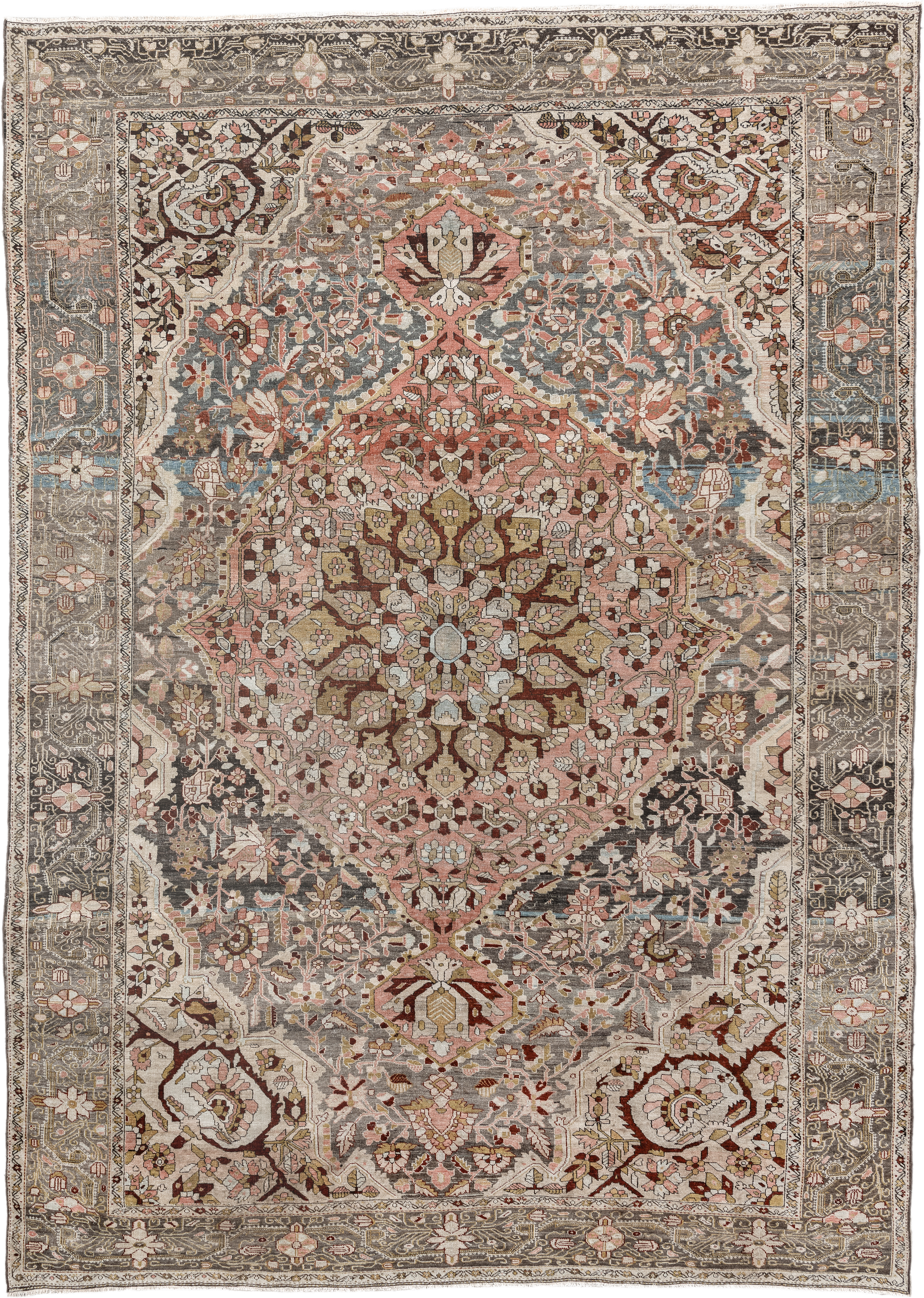 8' x 11' one-of-a-kind handmade antique Far.Sarouk large size rug. Color palette: taupe, rose, ivory, slate, charcoal