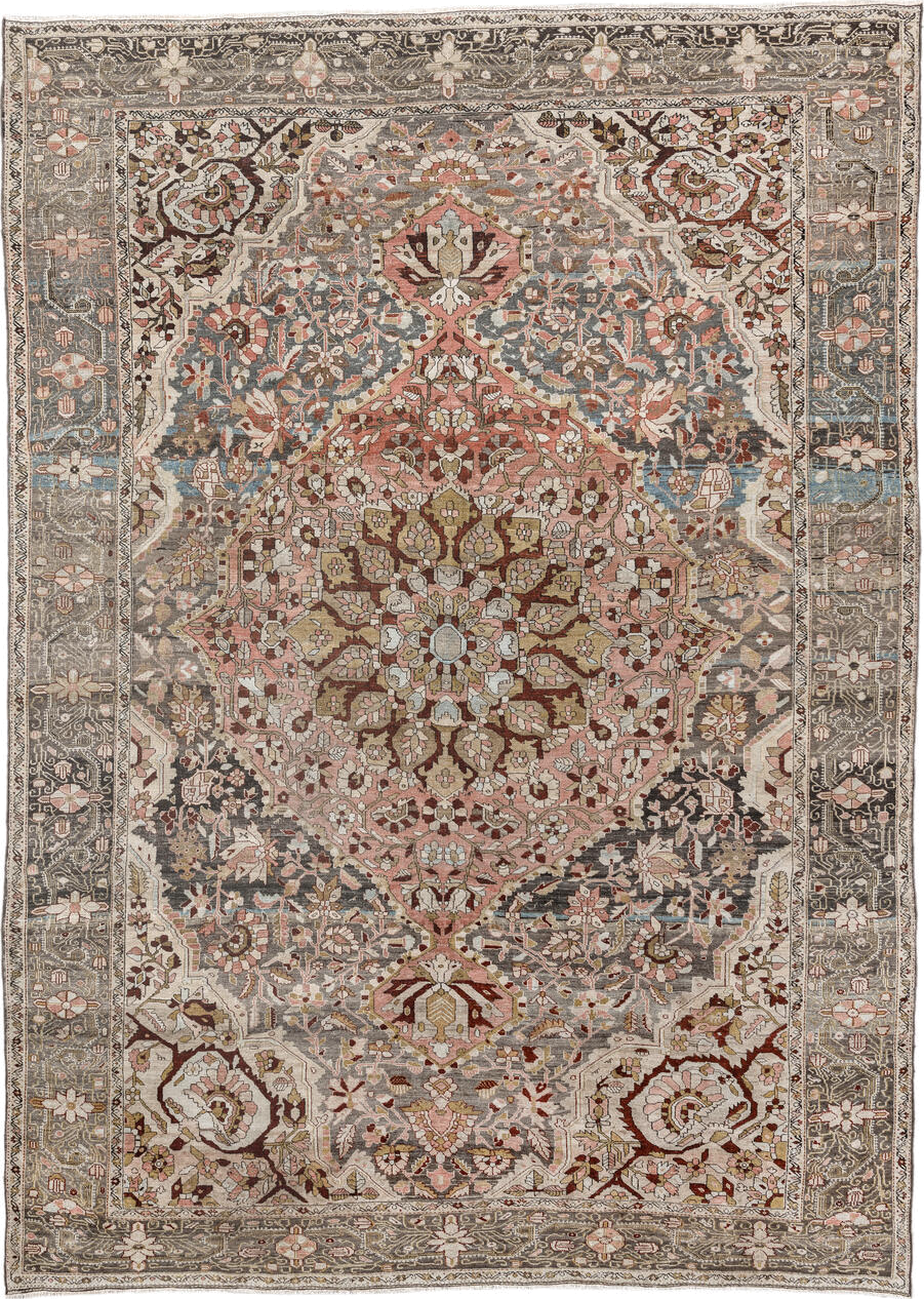 8' x 11' one-of-a-kind handmade antique Far.Sarouk large size rug. Color palette: taupe, rose, ivory, slate, charcoal