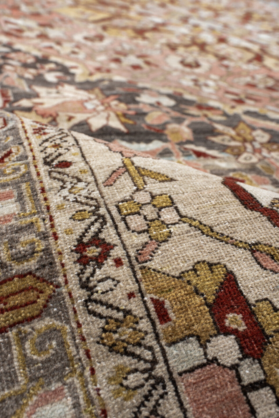 8' x 11' one-of-a-kind handmade antique Far.Sarouk large size rug. Color palette: taupe, rose, ivory, slate, charcoal