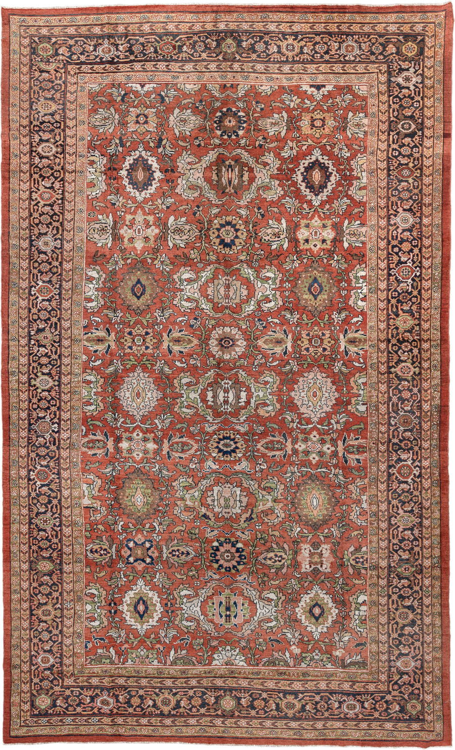 10' x 17' one-of-a-kind handmade antique Mahal rug. Color palette: terra cotta, navy, ivory, sage, gold, rust, olive, camel