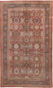 10' x 17' one-of-a-kind handmade antique Mahal rug. Color palette: terra cotta, navy, ivory, sage, gold, rust, olive, camel