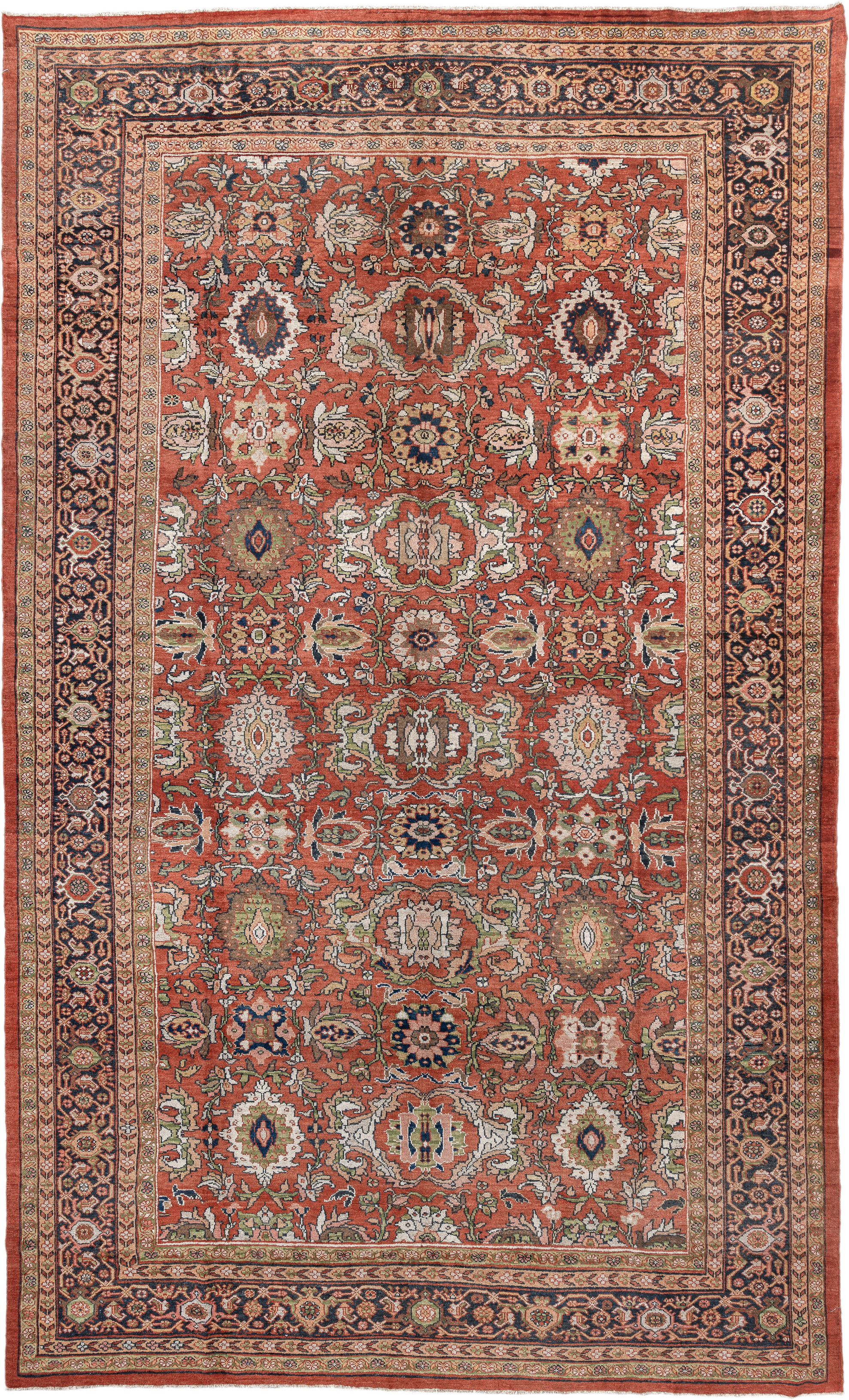 10' x 17' one-of-a-kind handmade antique Mahal rug. Color palette: terra cotta, navy, ivory, sage, gold, rust, olive, camel