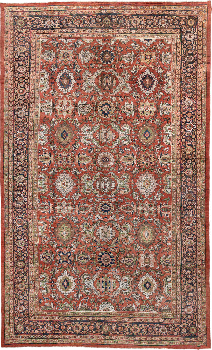 10' x 17' one-of-a-kind handmade antique Mahal rug. Color palette: terra cotta, navy, ivory, sage, gold, rust, olive, camel