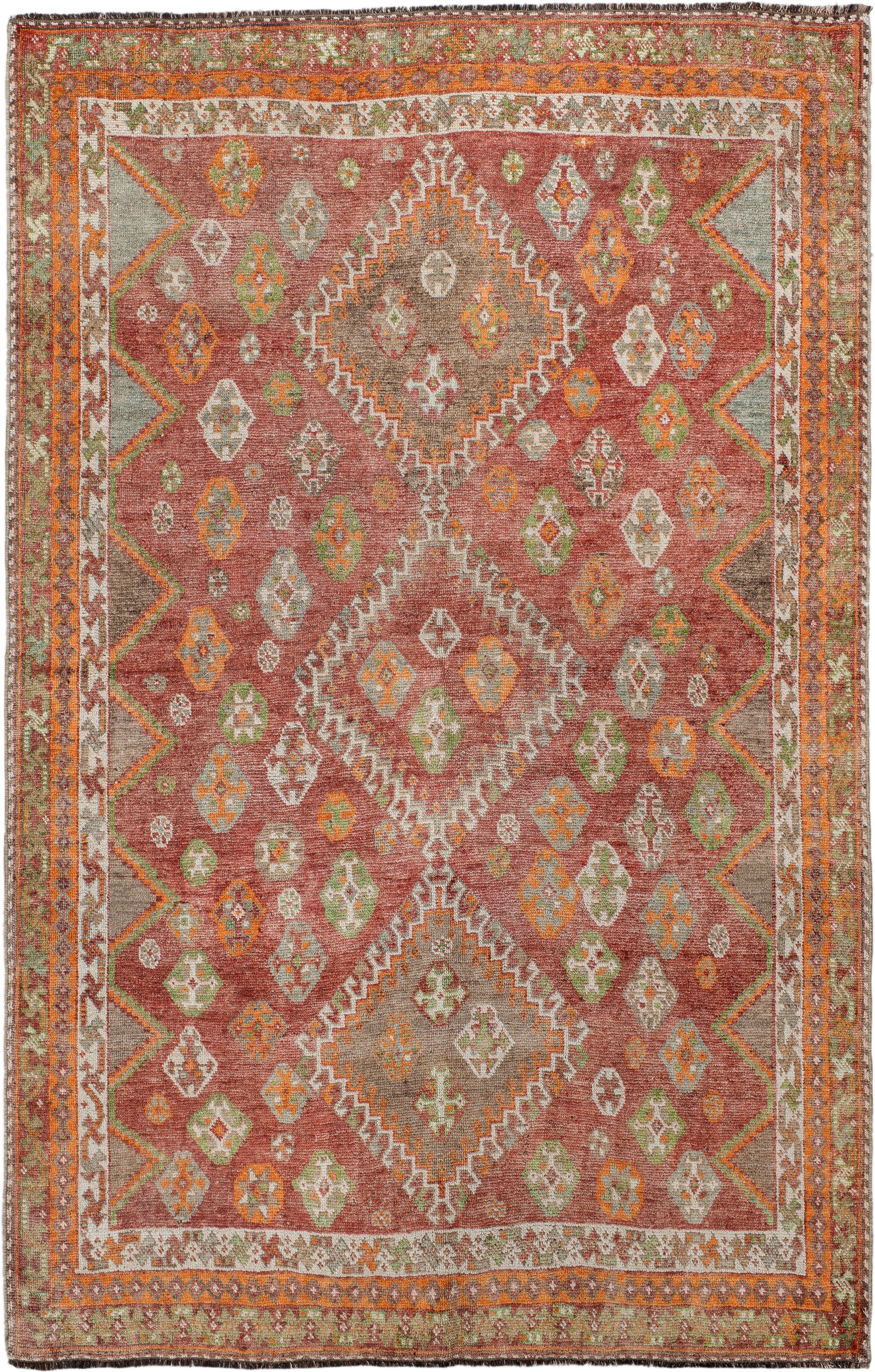 4' x 7' one-of-a-kind handmade antique Gabbe rug. Color palette: terra cotta, ivory, orange, sage, gray, taupe, rust