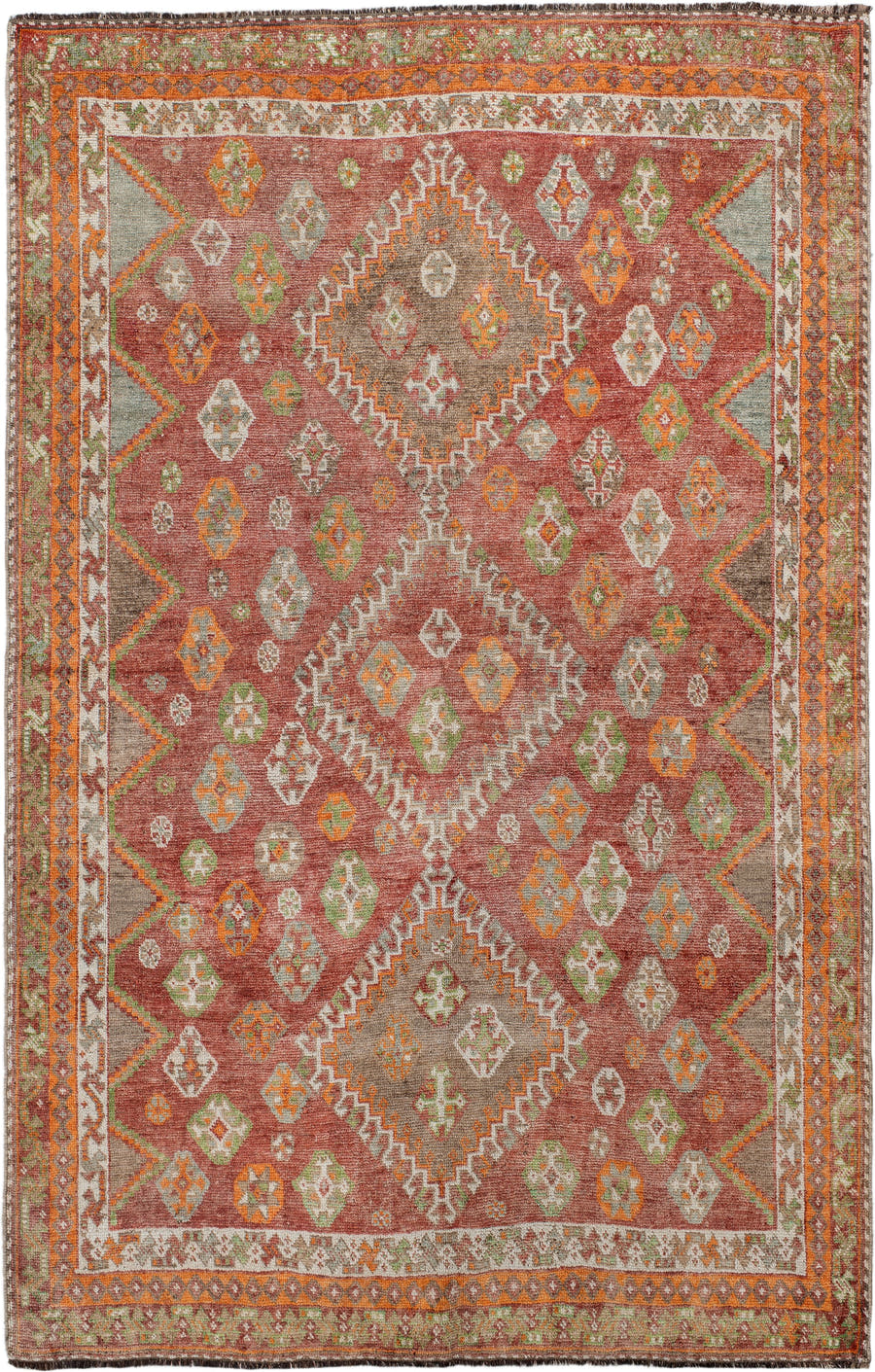 4' x 7' one-of-a-kind handmade antique Gabbe rug. Color palette: terra cotta, ivory, orange, sage, gray, taupe, rust