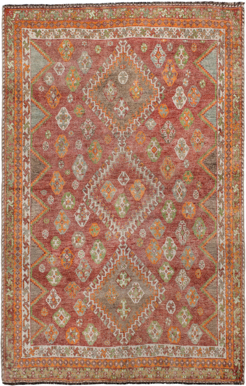 4' x 7' one-of-a-kind handmade antique Gabbe rug. Color palette: terra cotta, ivory, orange, sage, gray, taupe, rust