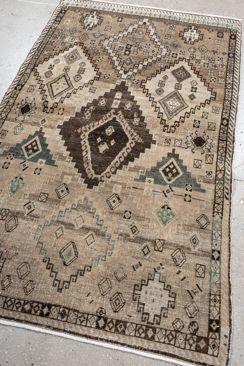 3' x 5' one-of-a-kind handmade vintage Gabbe small size rug. Color palette: gray, brown, off-white, pink, black, orange