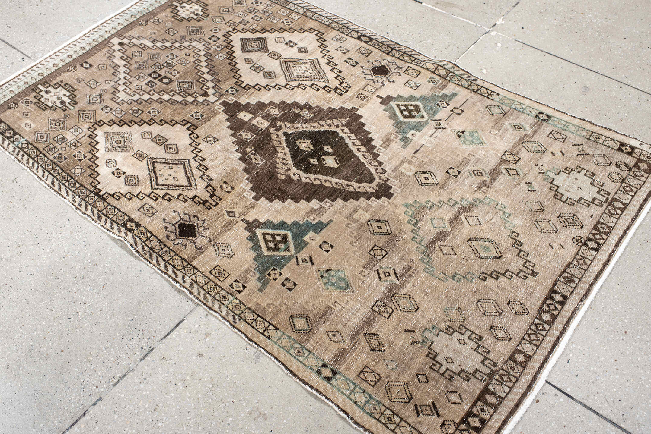 3' x 5' one-of-a-kind handmade vintage Gabbe small size rug. Color palette: gray, brown, off-white, pink, black, orange