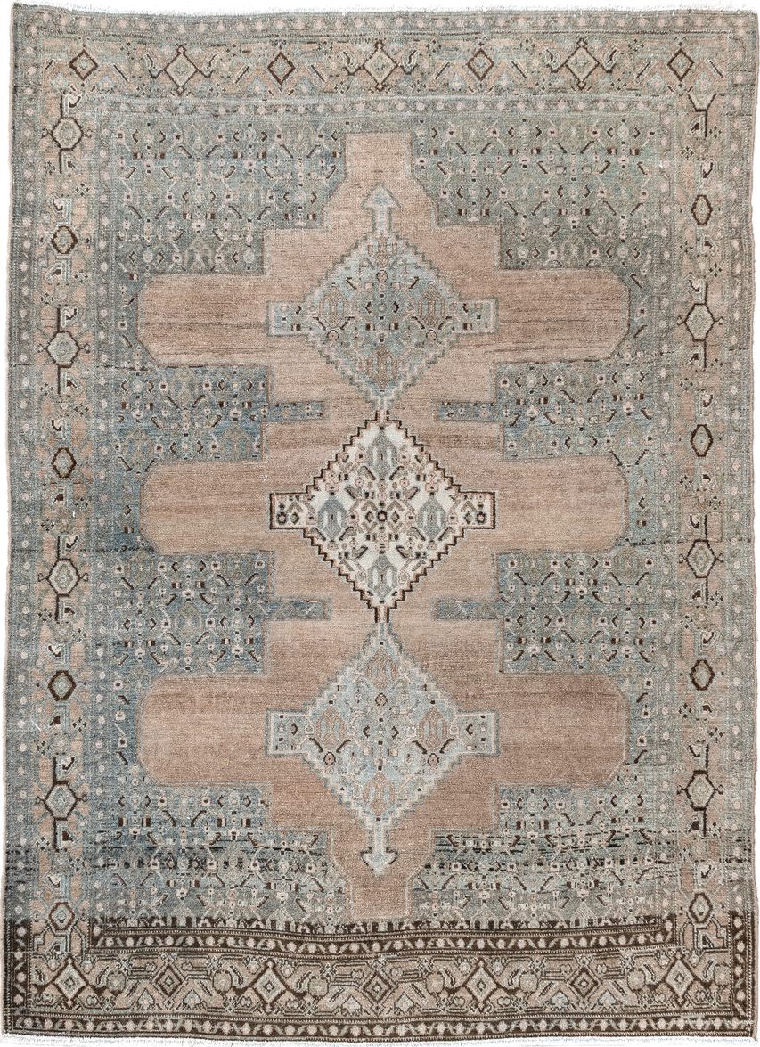 3' x 5' one-of-a-kind handmade antique Senne small size rug. Color palette: camel, pale blue, ivory, taupe, brown, charcoal