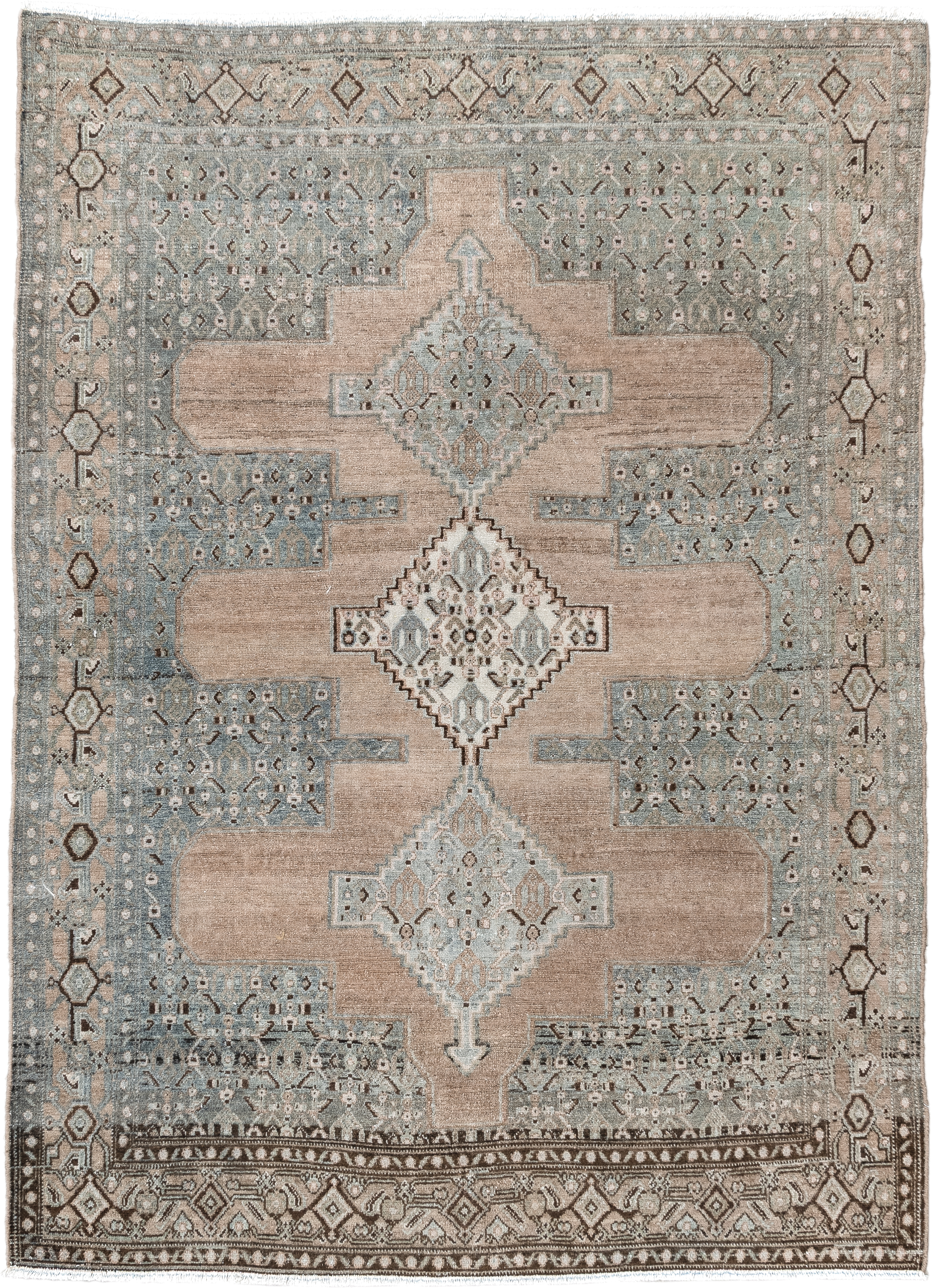 3' x 5' one-of-a-kind handmade antique Senne small size rug. Color palette: camel, pale blue, ivory, taupe, brown, charcoal