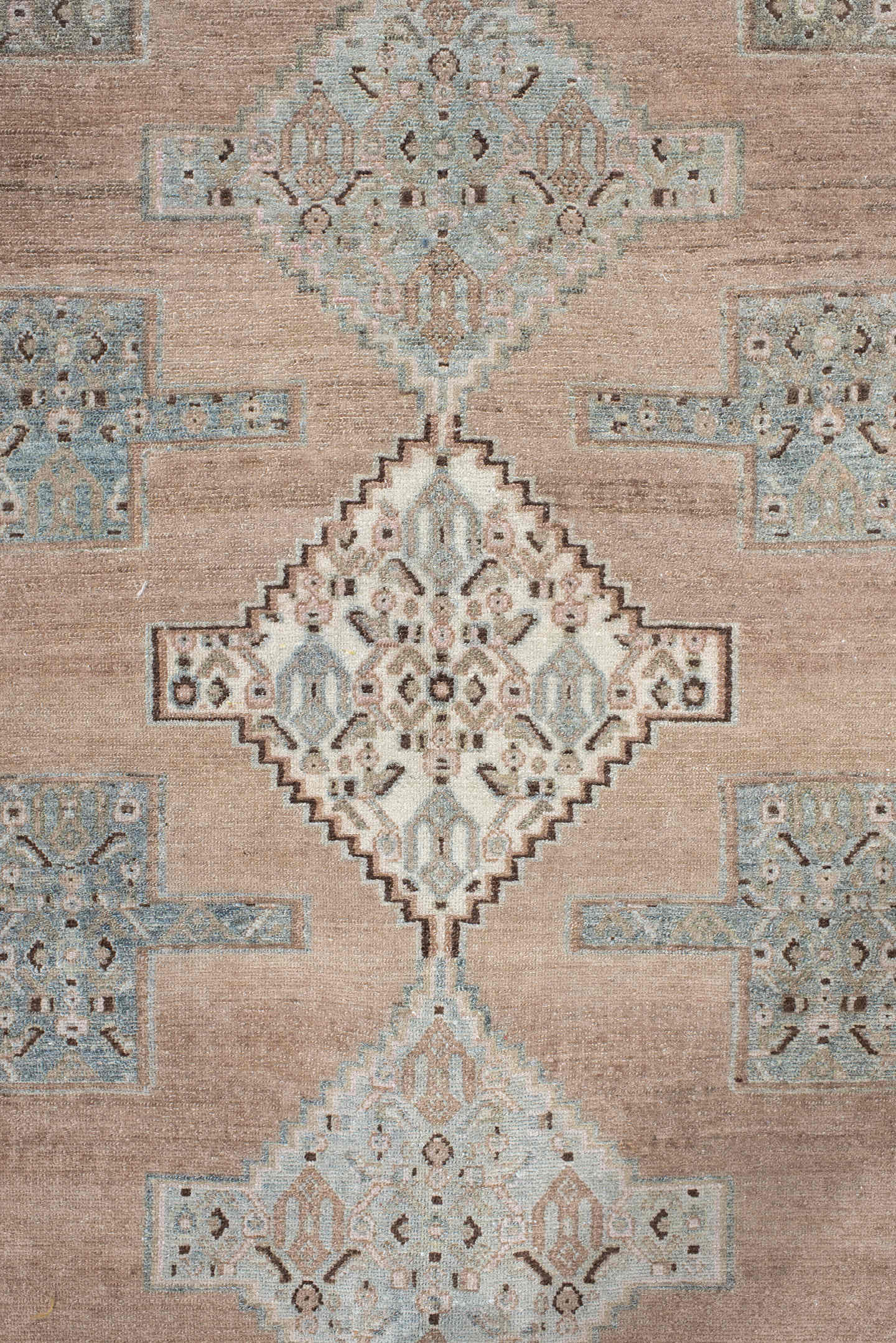 3' x 5' one-of-a-kind handmade antique Senne small size rug. Color palette: camel, pale blue, ivory, taupe, brown, charcoal