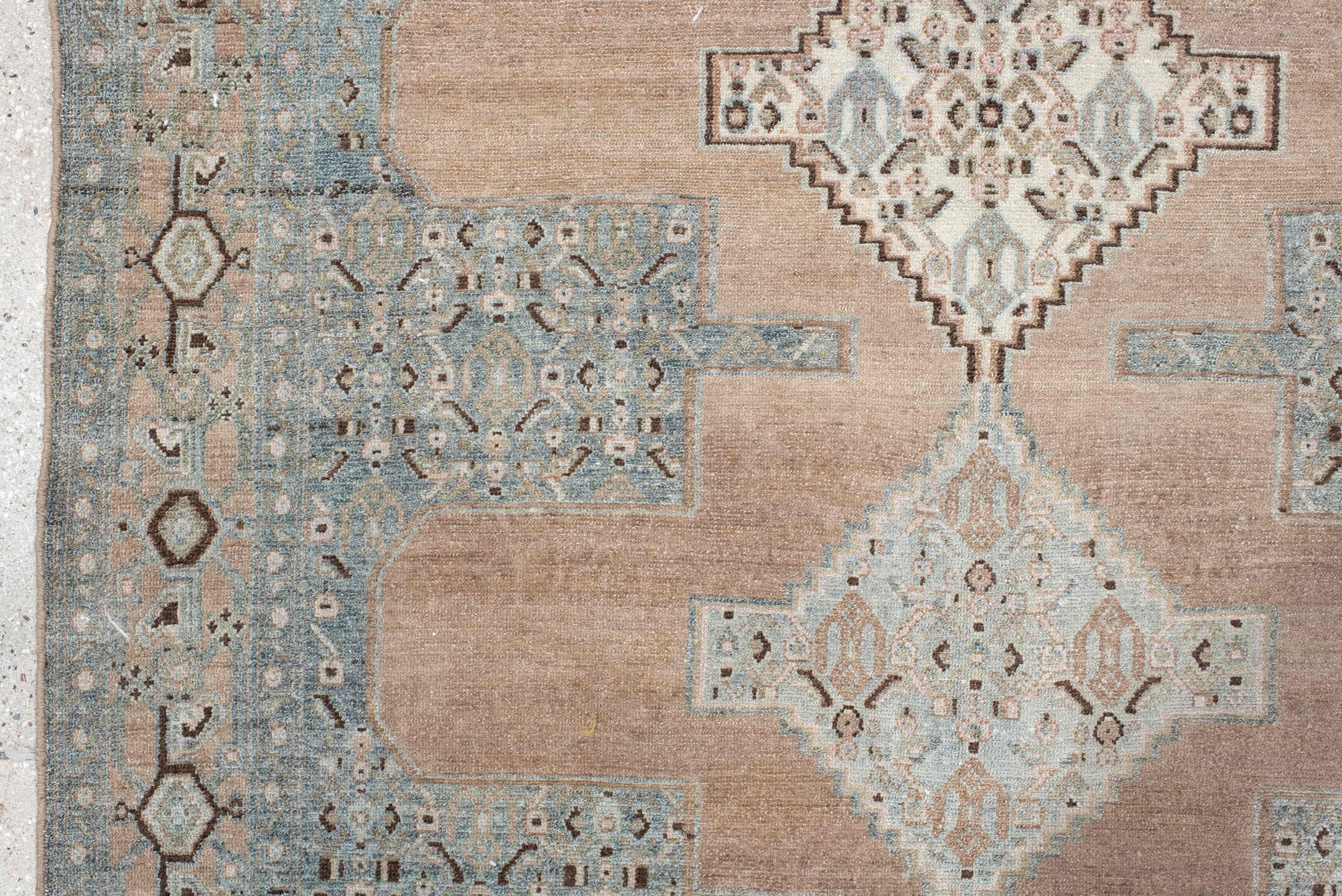 3' x 5' one-of-a-kind handmade antique Senne small size rug. Color palette: camel, pale blue, ivory, taupe, brown, charcoal