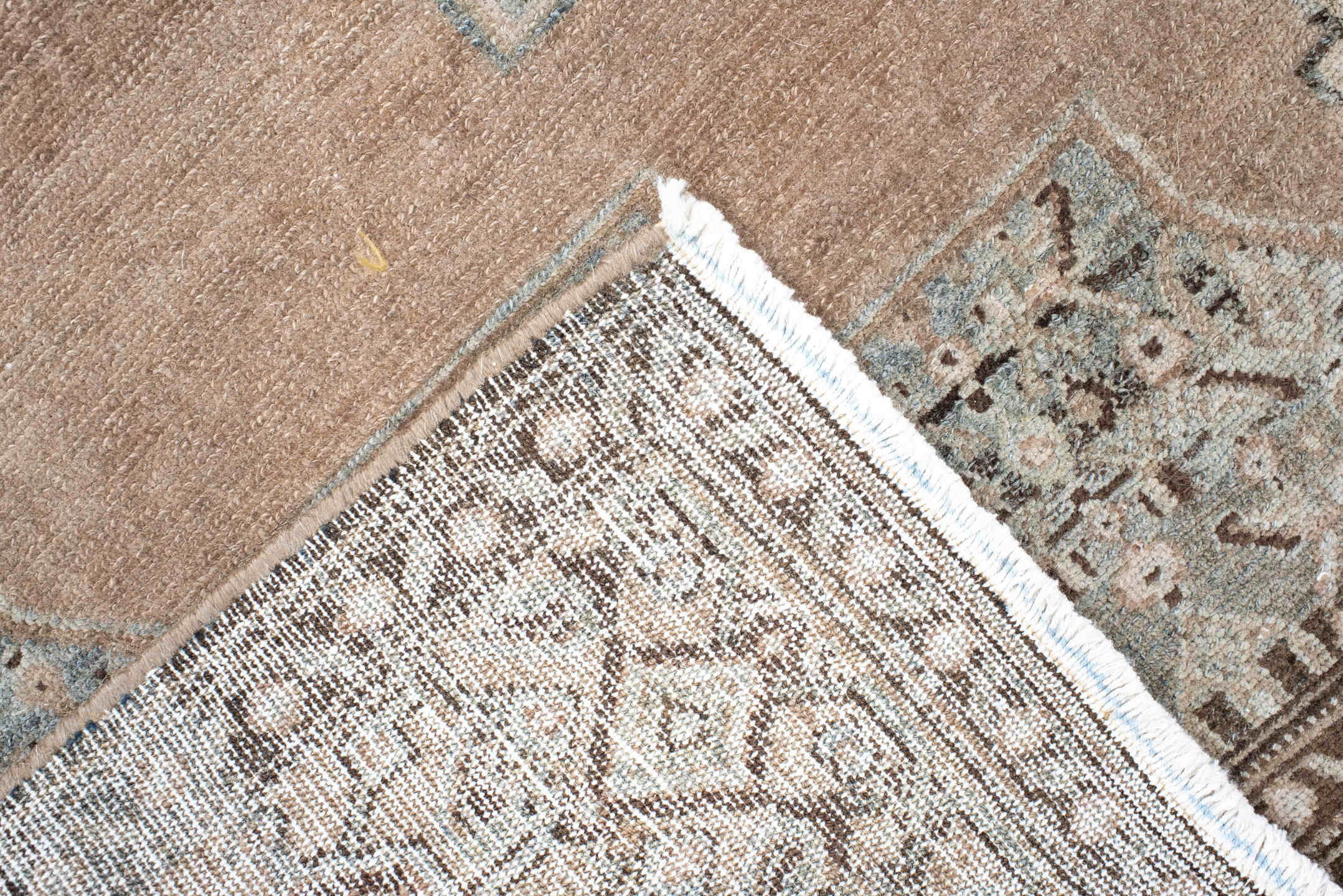 3' x 5' one-of-a-kind handmade antique Senne small size rug. Color palette: camel, pale blue, ivory, taupe, brown, charcoal