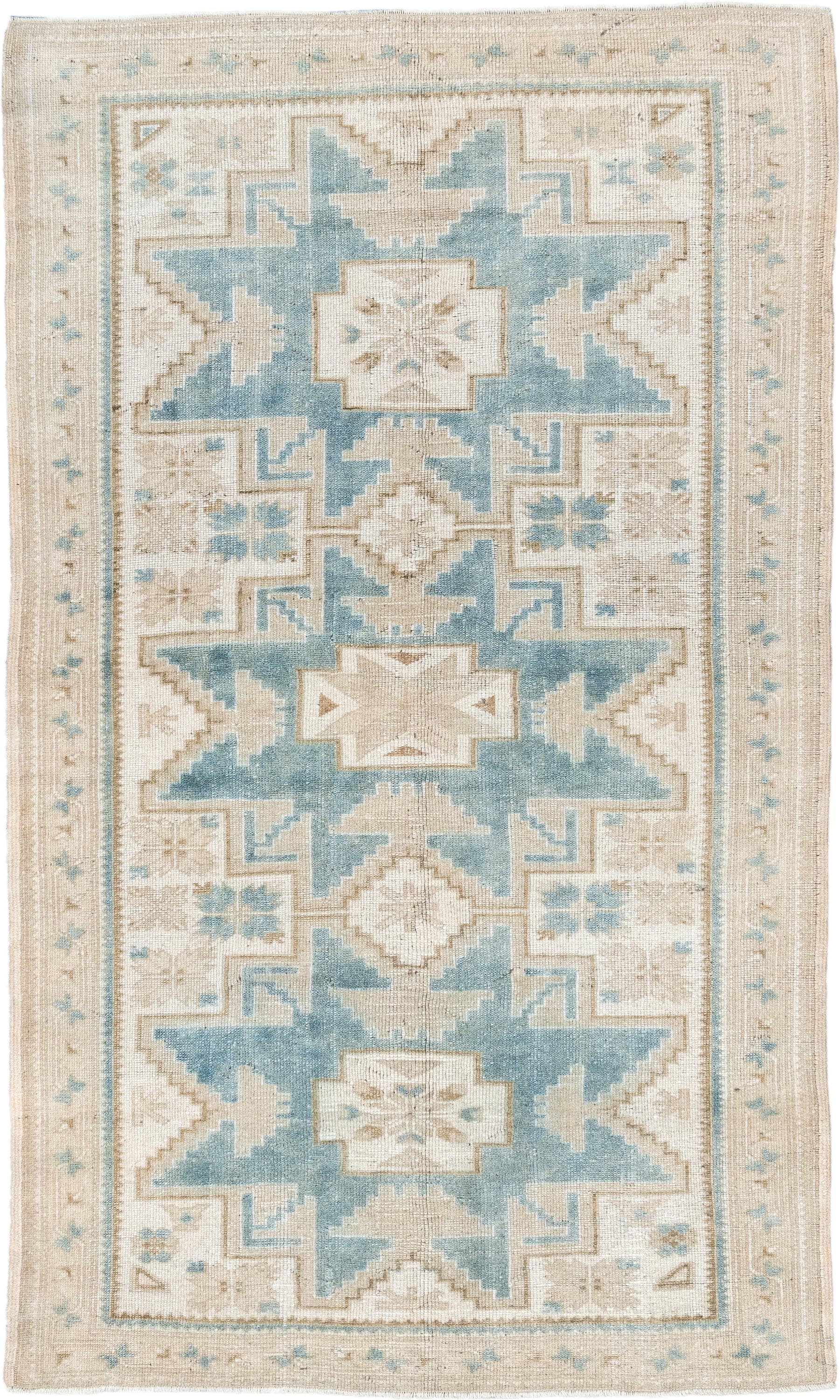 3' x 6' one-of-a-kind handmade vintage Anatolian small size rug. Color palette: ivory, pale blue, beige, taupe, light blue